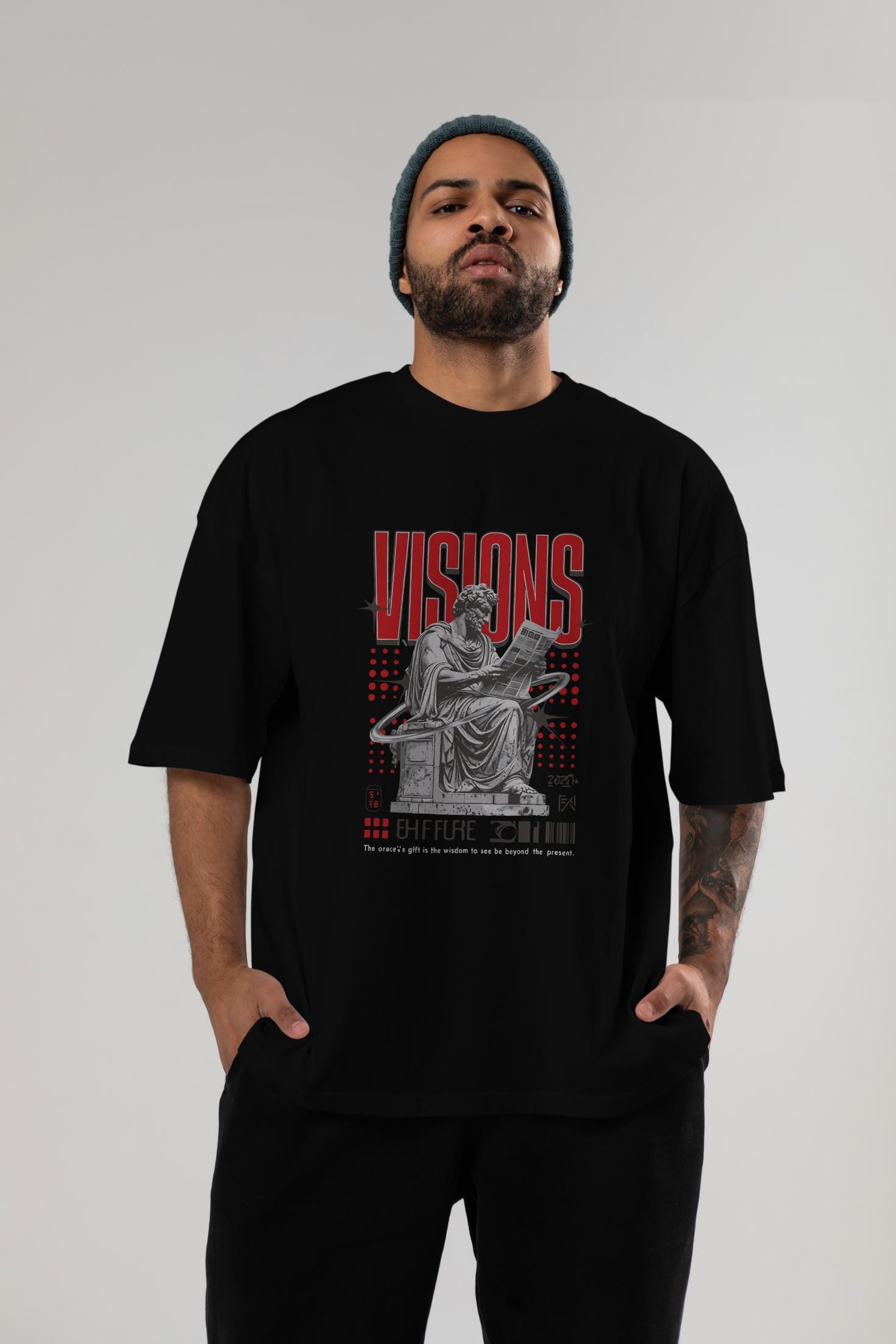 Visions ön Baskılı Oversize t-shirt Erkek Kadın %100 Pamuk Bisiklet Yaka tişort