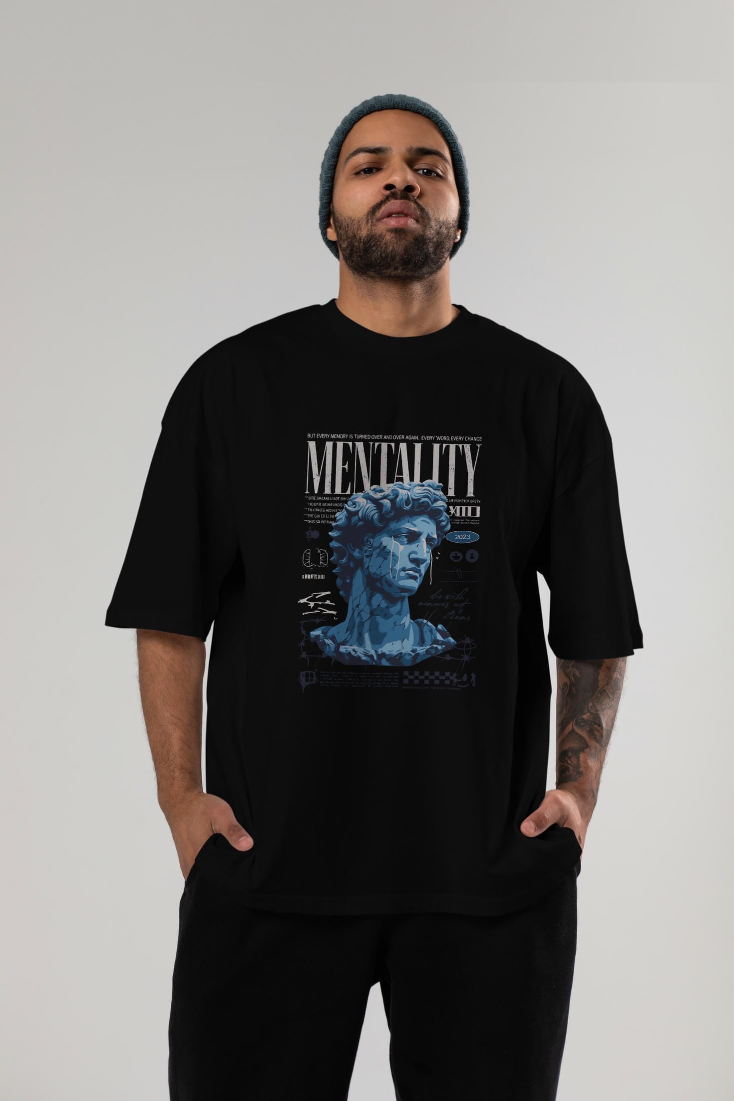 Mentality 2 ön Baskılı Oversize t-shirt Erkek Kadın %100 Pamuk Bisiklet Yaka tişort