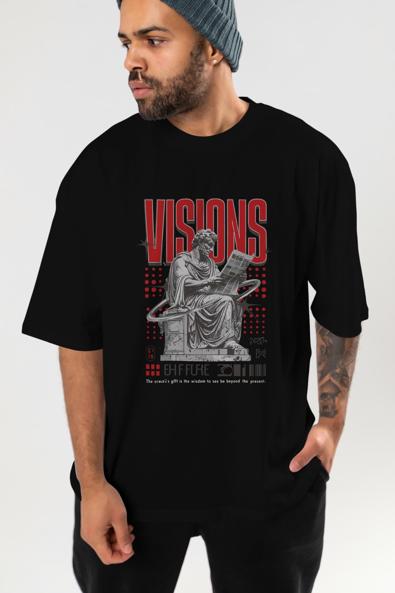 Visions ön Baskılı Oversize t-shirt Erkek Kadın %100 Pamuk Bisiklet Yaka tişort