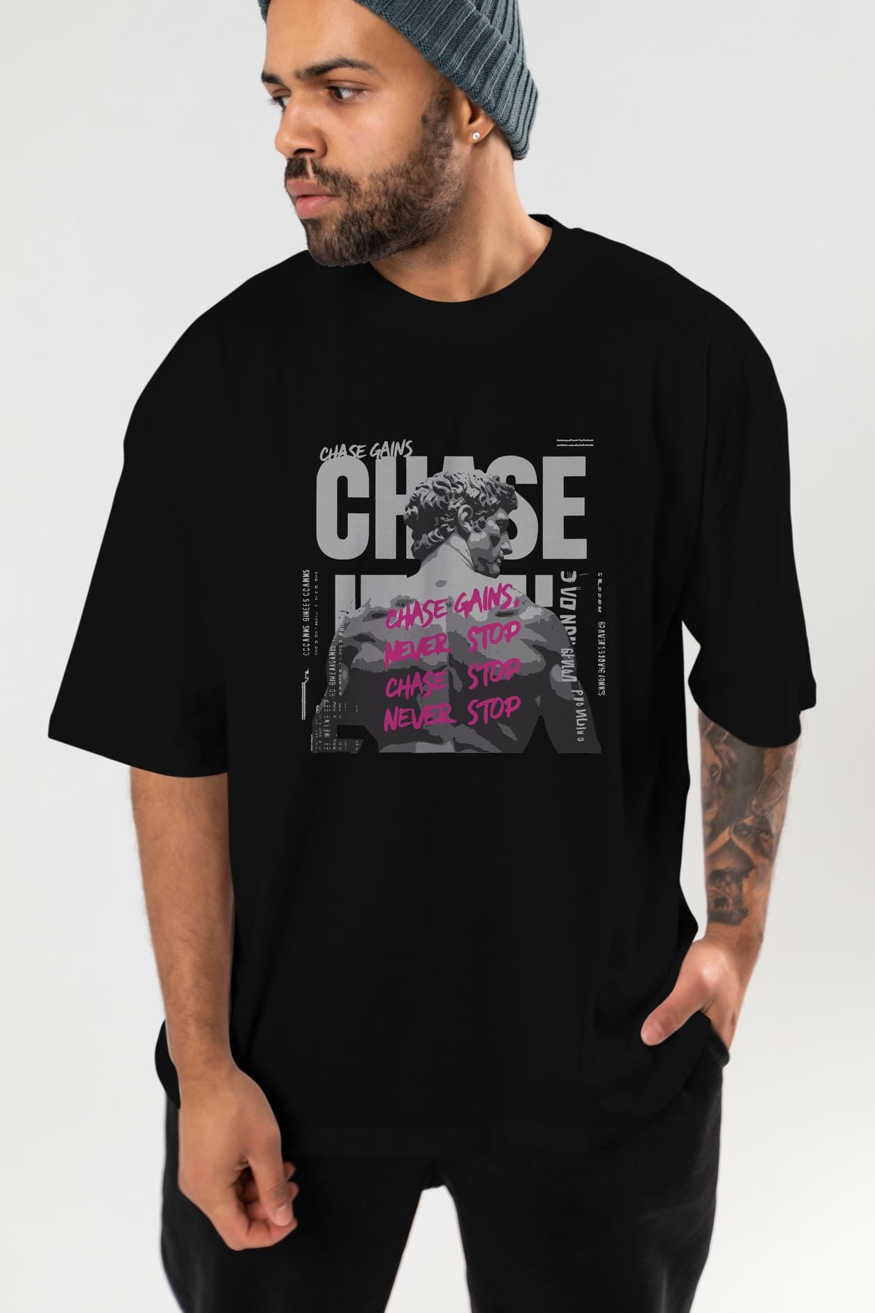 Chase Gains ön Baskılı Oversize t-shirt Erkek Kadın %100 Pamuk Bisiklet Yaka tişort
