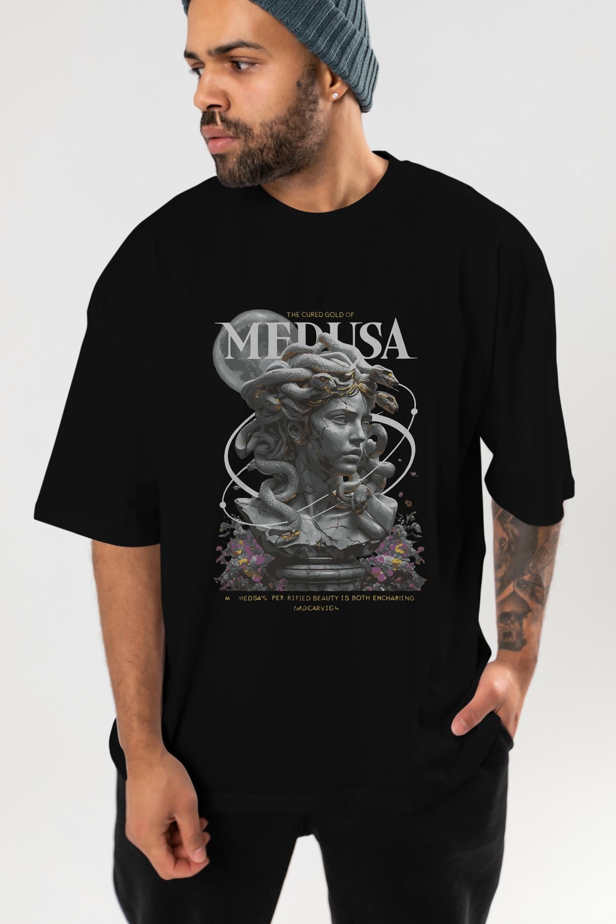 Medusa ön Baskılı Oversize t-shirt Erkek Kadın %100 Pamuk Bisiklet Yaka tişort