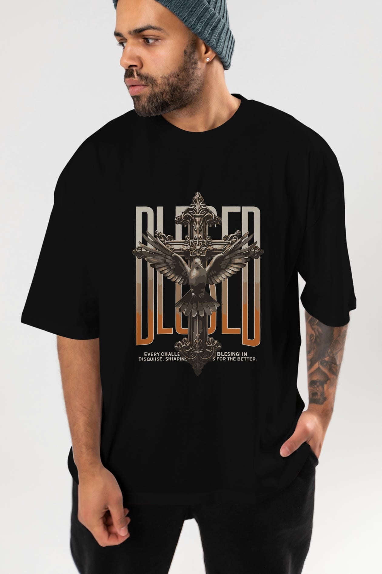 Blesed ön Baskılı Oversize t-shirt Erkek Kadın %100 Pamuk Bisiklet Yaka tişort