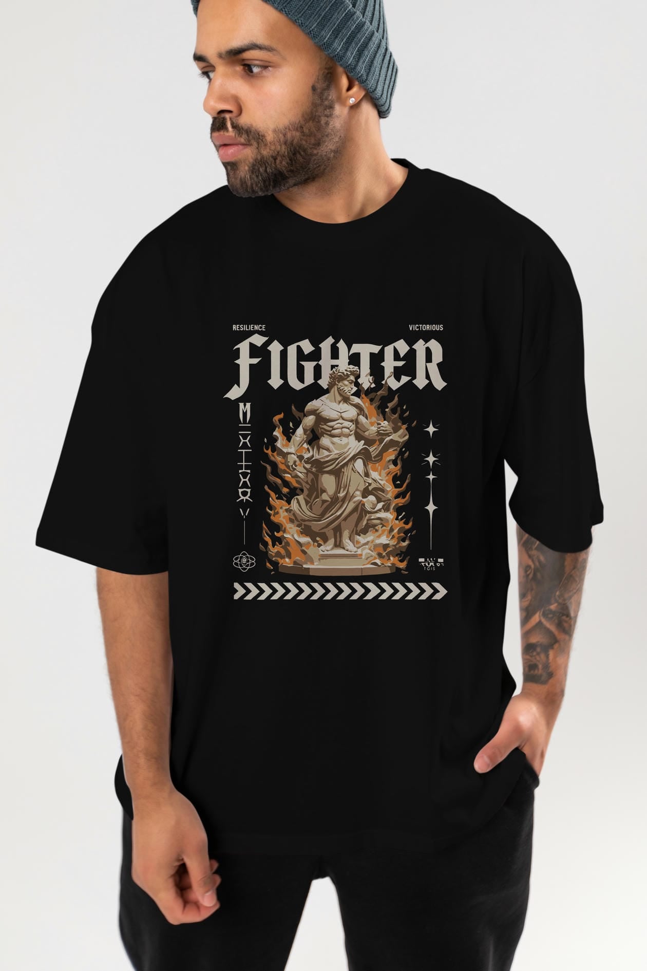 Fighter ön Baskılı Oversize t-shirt Erkek Kadın %100 Pamuk Bisiklet Yaka tişort