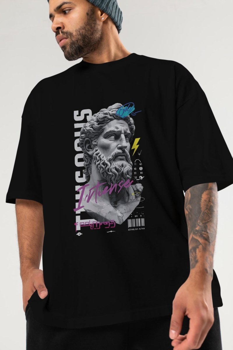 Zeus Intense ön Baskılı Oversize t-shirt Erkek Kadın %100 Pamuk Bisiklet Yaka tişort - Cilexi