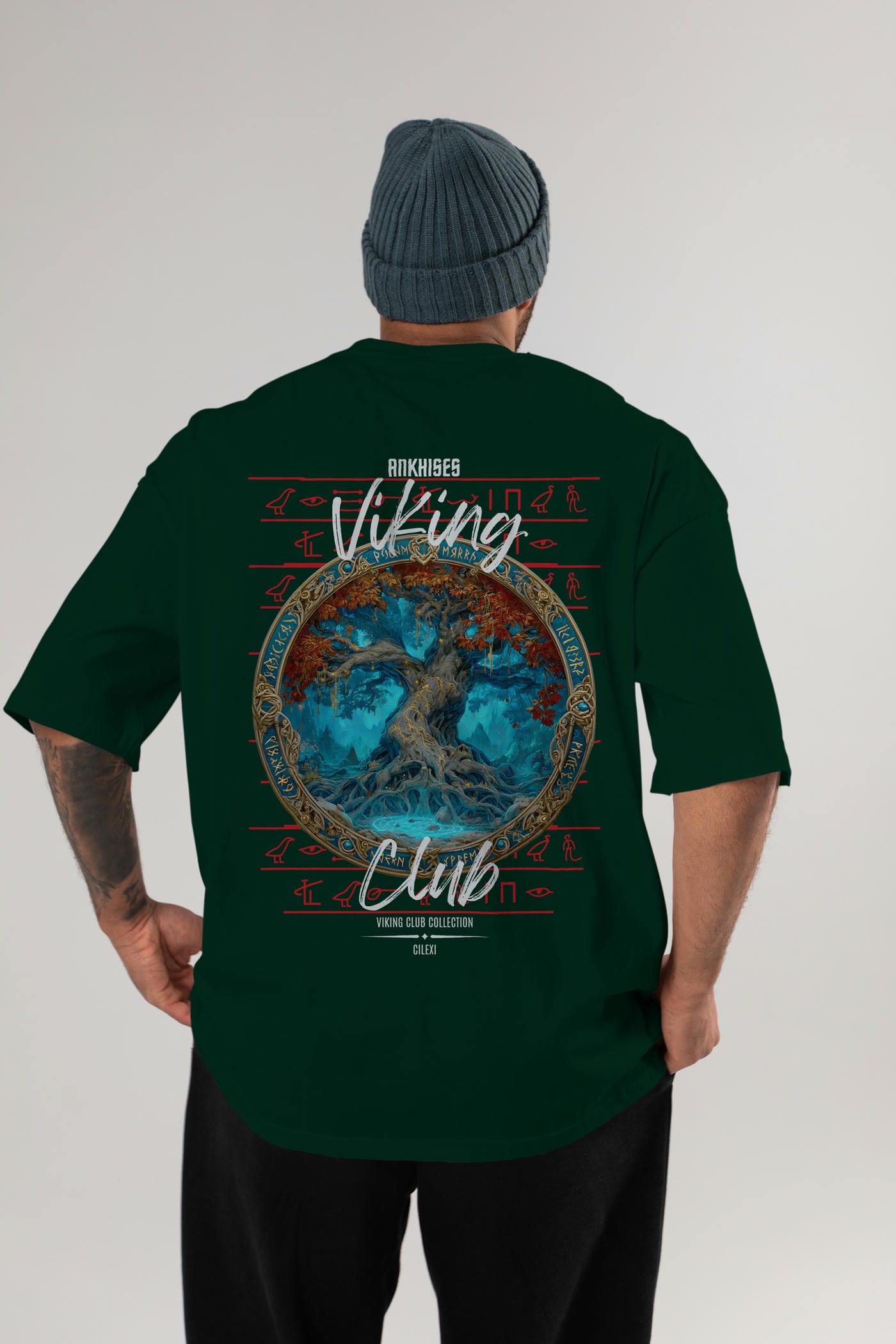 Yggdrasil Arka Baskılı Oversize t-shirt Erkek Kadın %100 Pamuk Bisiklet Yaka tişort