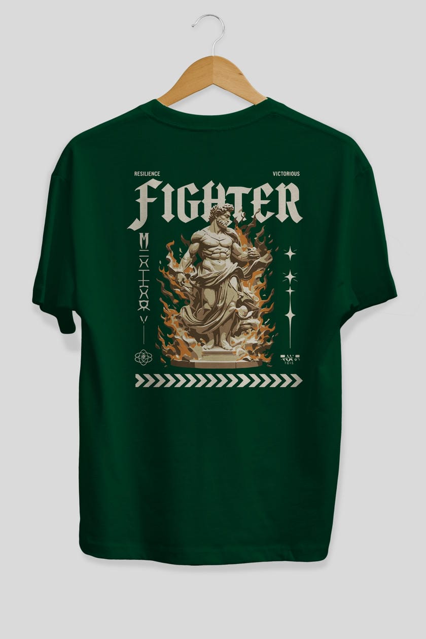 Fighter Arka Baskılı Oversize t-shirt Erkek Kadın %100 Pamuk Bisiklet Yaka tişort
