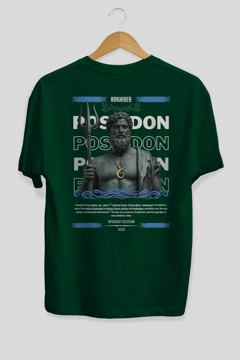 Poseidon 1 Arka Baskılı Oversize t-shirt Erkek Kadın %100 Pamuk Bisiklet Yaka tişort
