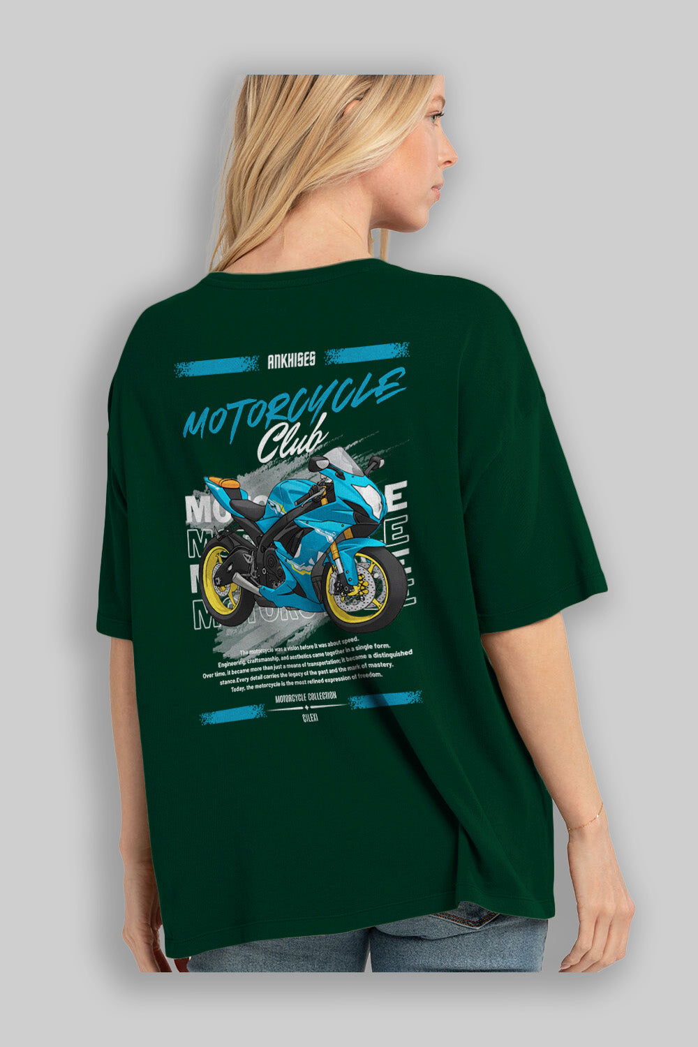 Motosiklet Serisi 11 Arka Baskılı Oversize t-shirt Erkek Kadın %100 Pamuk Bisiklet Yaka tişort