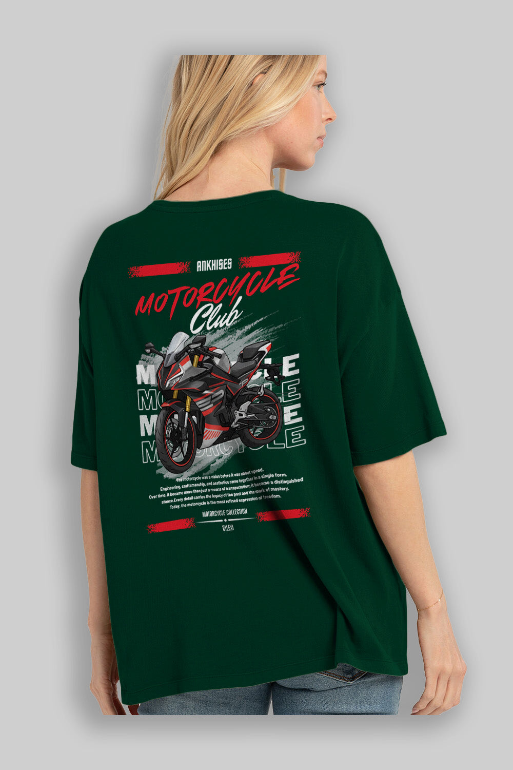 Motosiklet Serisi 17 Arka Baskılı Oversize t-shirt Erkek Kadın %100 Pamuk Bisiklet Yaka tişort
