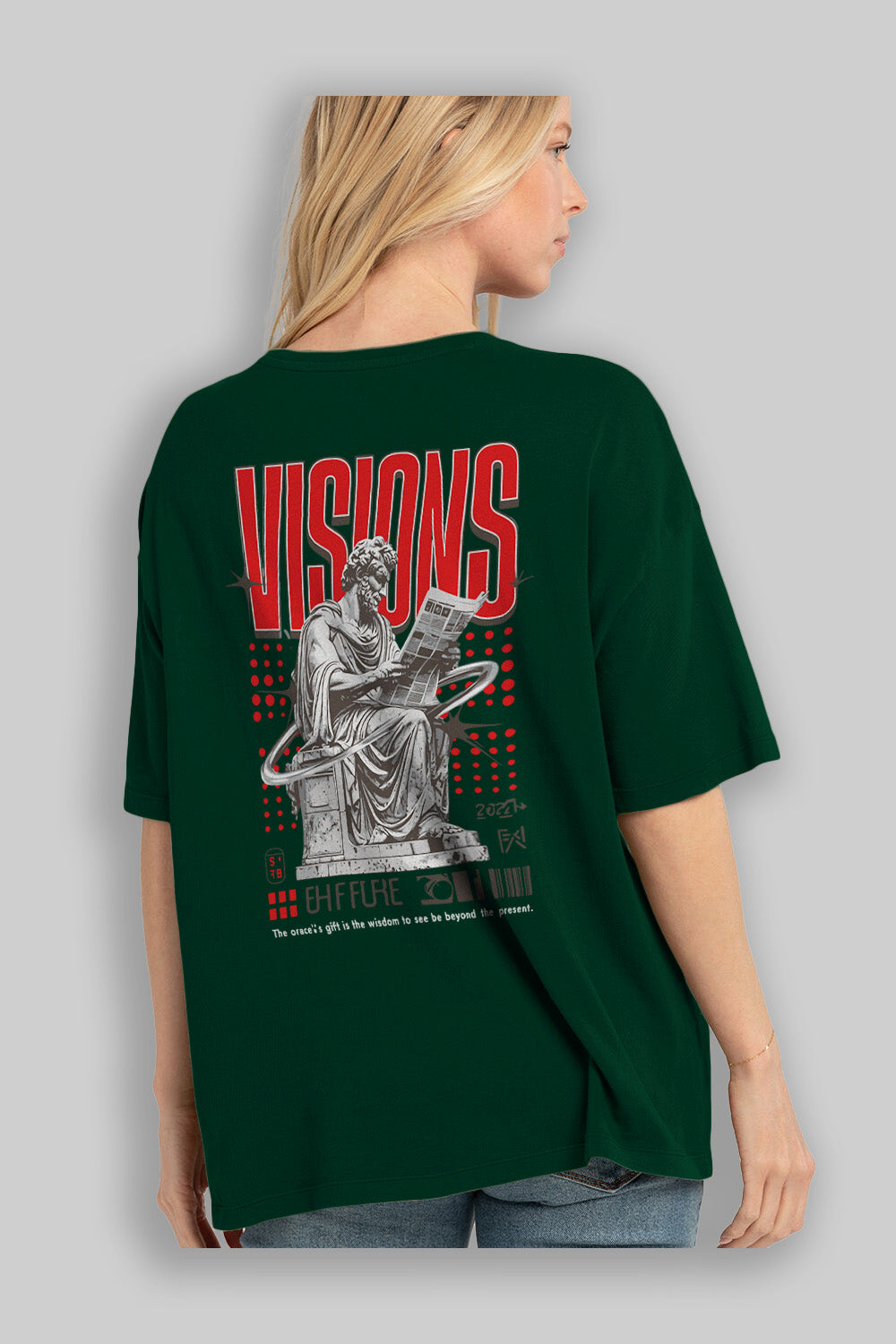 Visions Arka Baskılı Oversize t-shirt Erkek Kadın %100 Pamuk Bisiklet Yaka tişort
