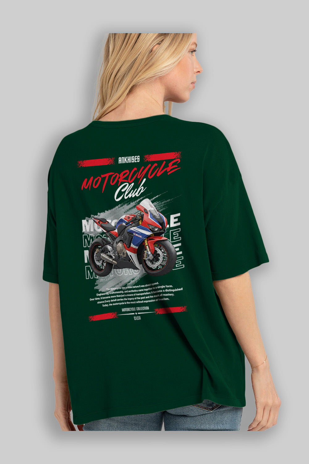 Motosiklet Serisi 3 Arka Baskılı Oversize t-shirt Erkek Kadın %100 Pamuk Bisiklet Yaka tişort
