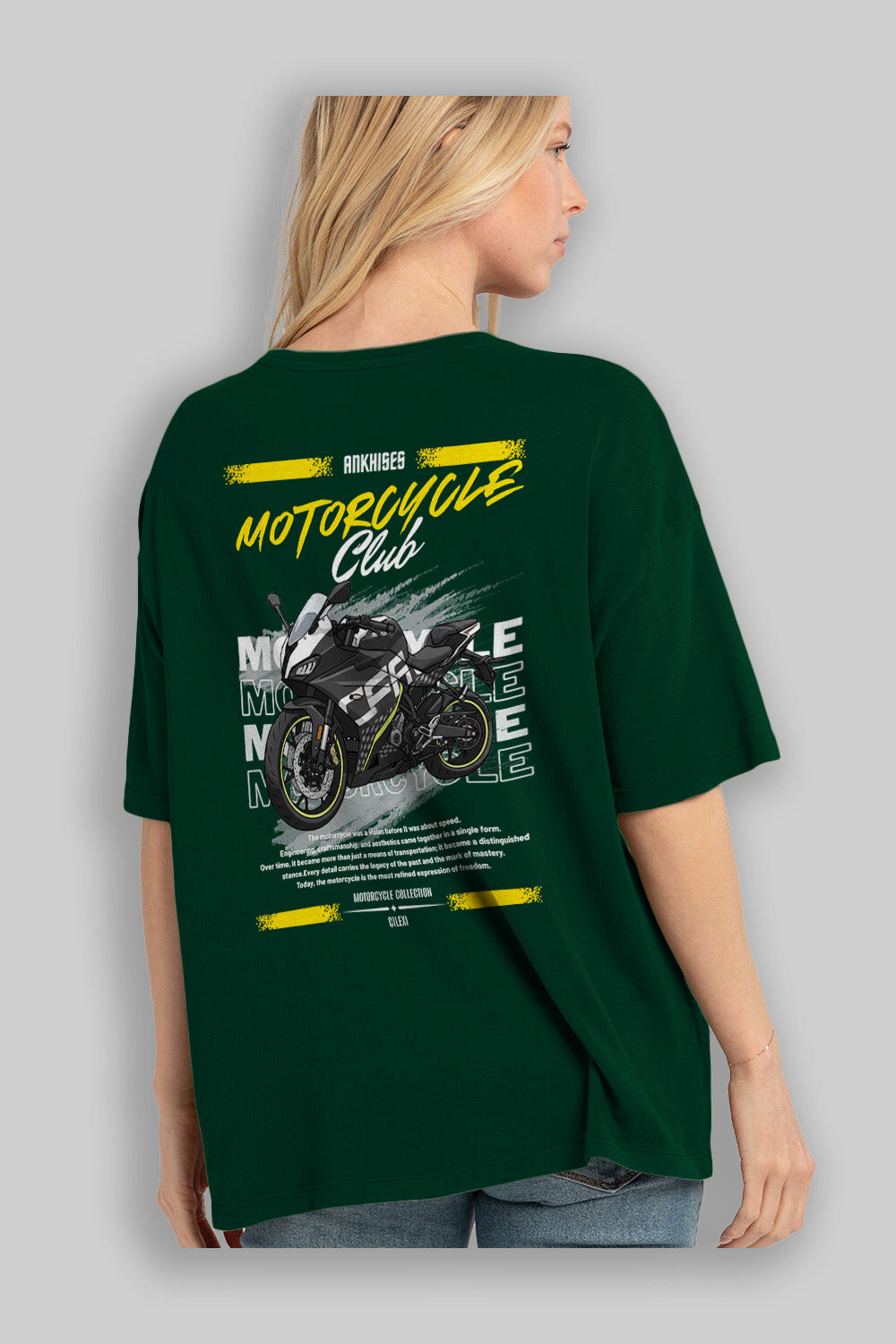 Motosiklet Serisi 16 Arka Baskılı Oversize t-shirt Erkek Kadın %100 Pamuk Bisiklet Yaka tişort