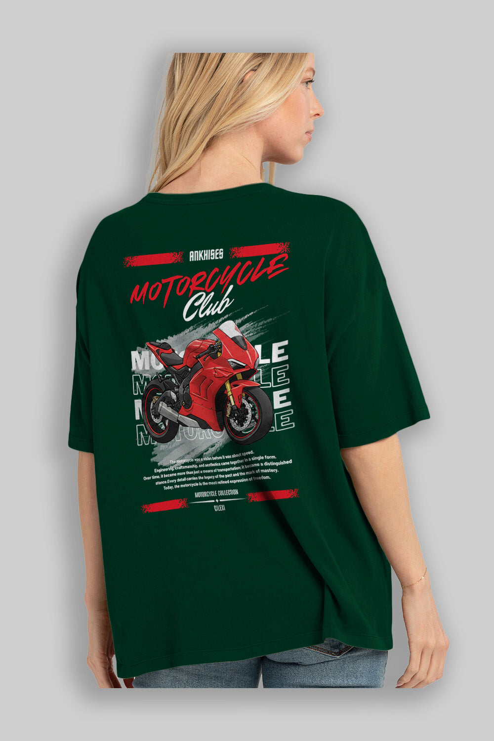 Motosiklet Serisi 7 Arka Baskılı Oversize t-shirt Erkek Kadın %100 Pamuk Bisiklet Yaka tişort