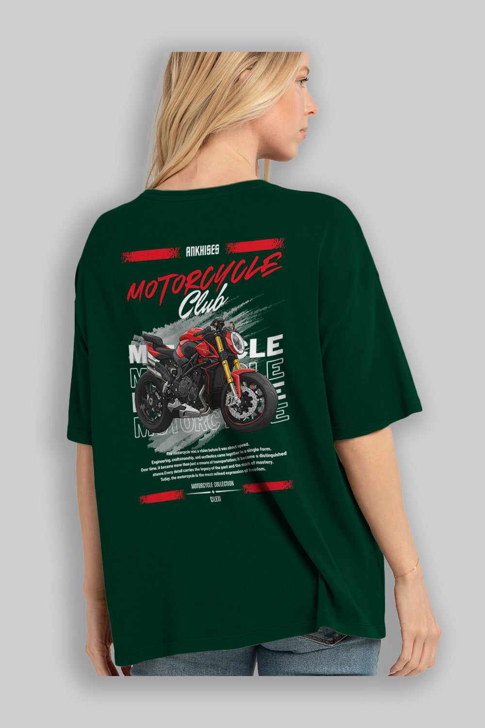 Motosiklet Serisi 26 Arka Baskılı Oversize t-shirt Erkek Kadın %100 Pamuk Bisiklet Yaka tişort