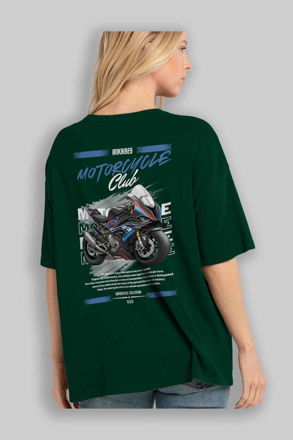 Motosiklet Serisi 1 Arka Baskılı Oversize t-shirt Erkek Kadın %100 Pamuk Bisiklet Yaka tişort