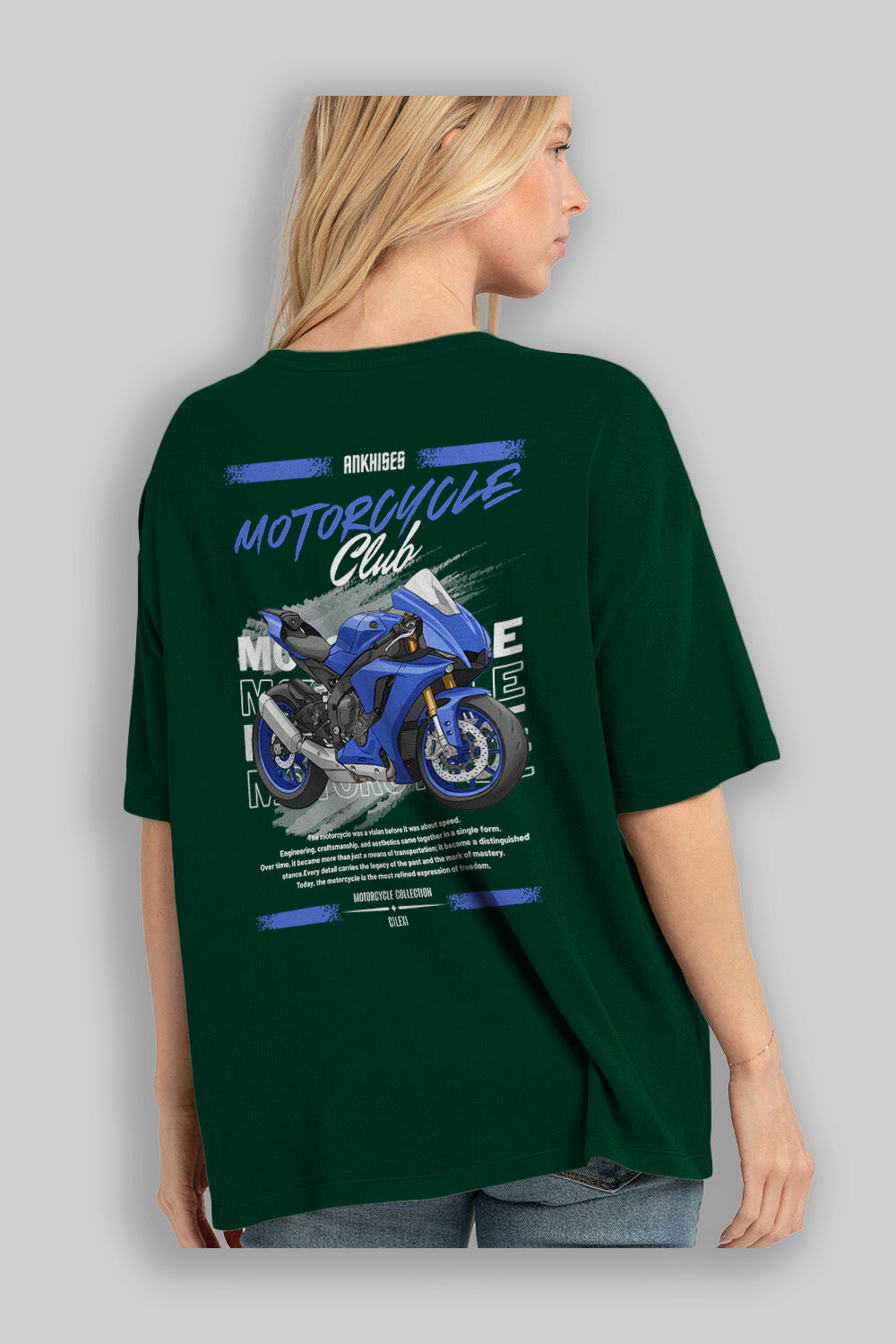Motosiklet Serisi 31 Arka Baskılı Oversize t-shirt Erkek Kadın %100 Pamuk Bisiklet Yaka tişort
