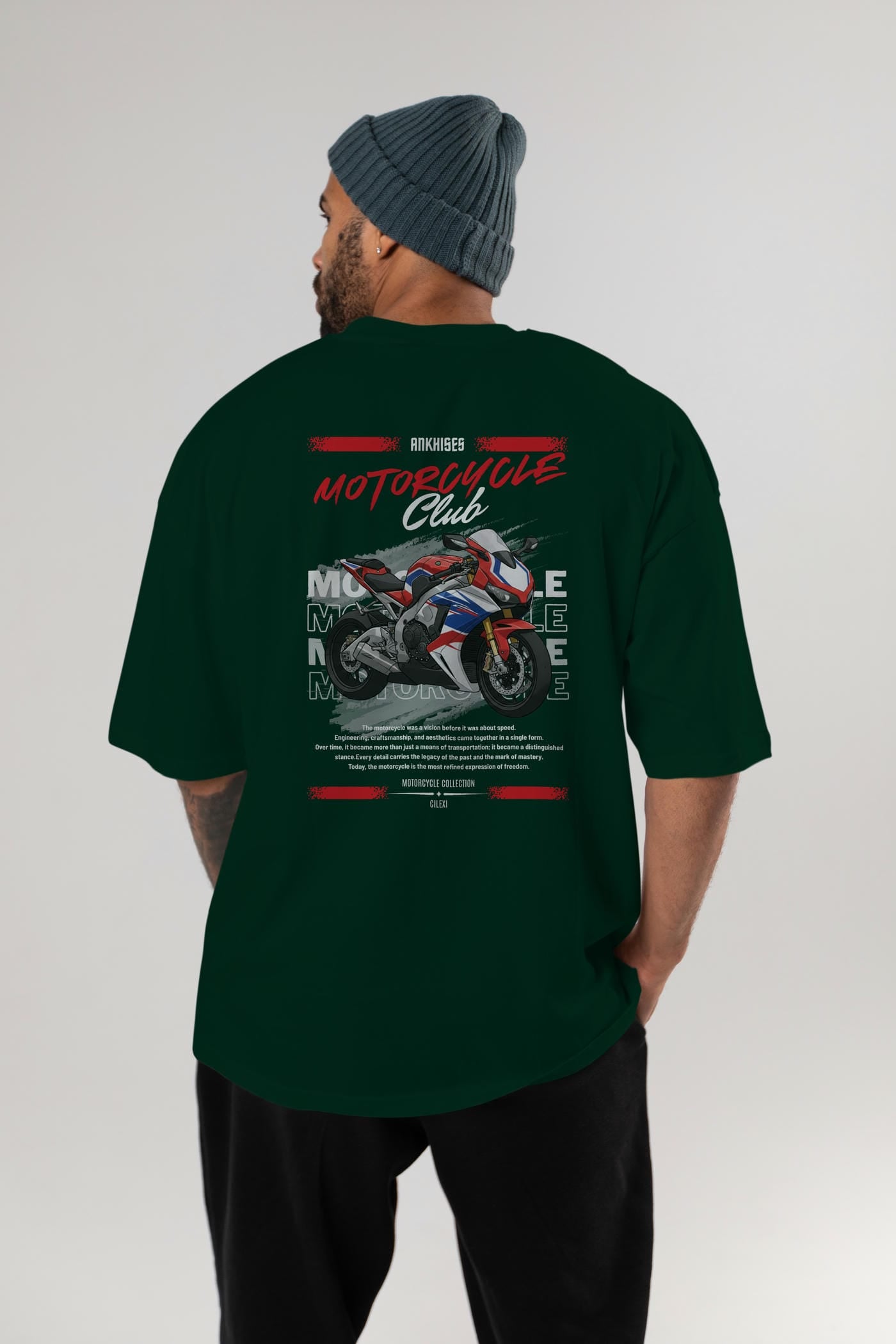 Motosiklet Serisi 4 Arka Baskılı Oversize t-shirt Erkek Kadın %100 Pamuk Bisiklet Yaka tişort