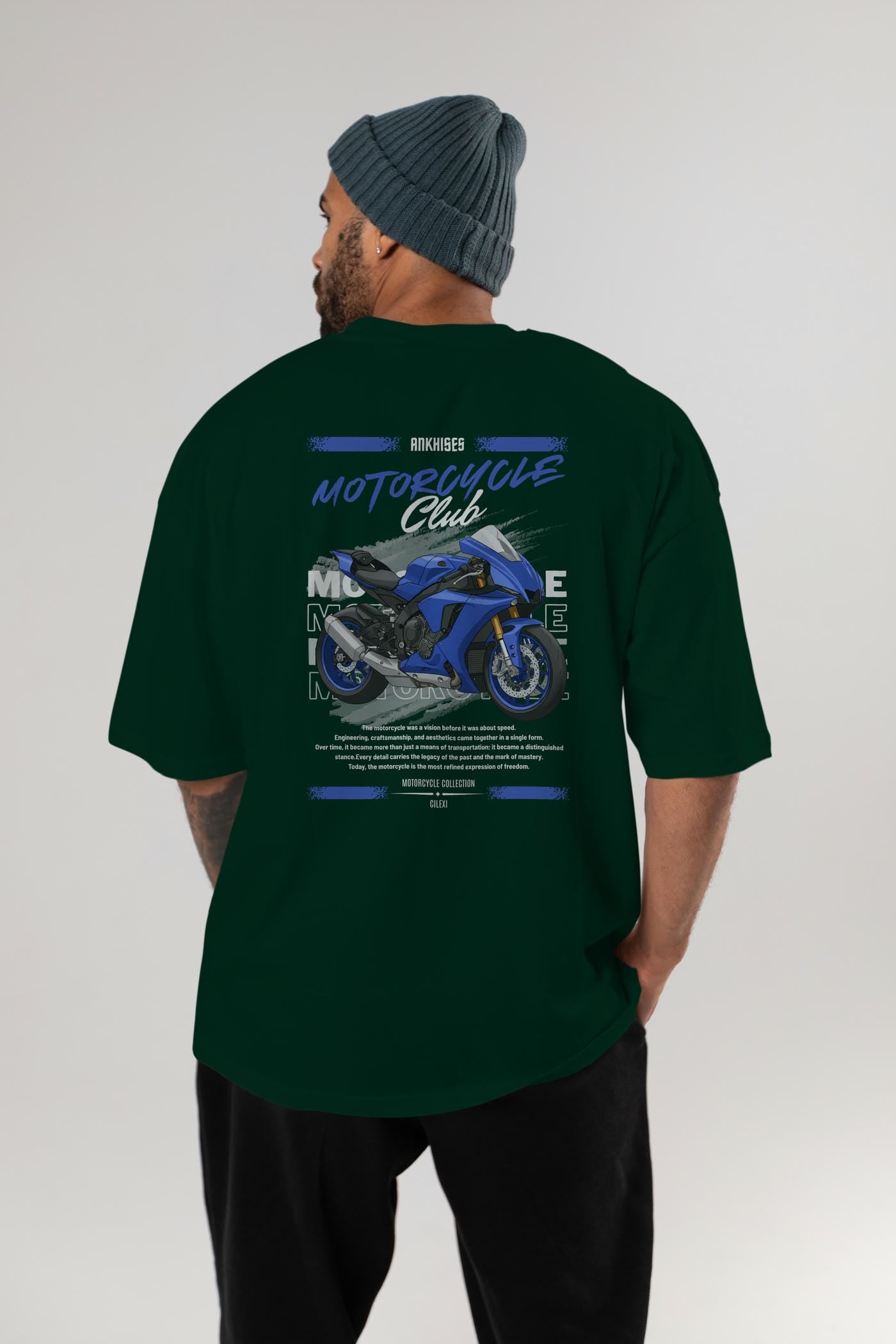 Motosiklet Serisi 31 Arka Baskılı Oversize t-shirt Erkek Kadın %100 Pamuk Bisiklet Yaka tişort