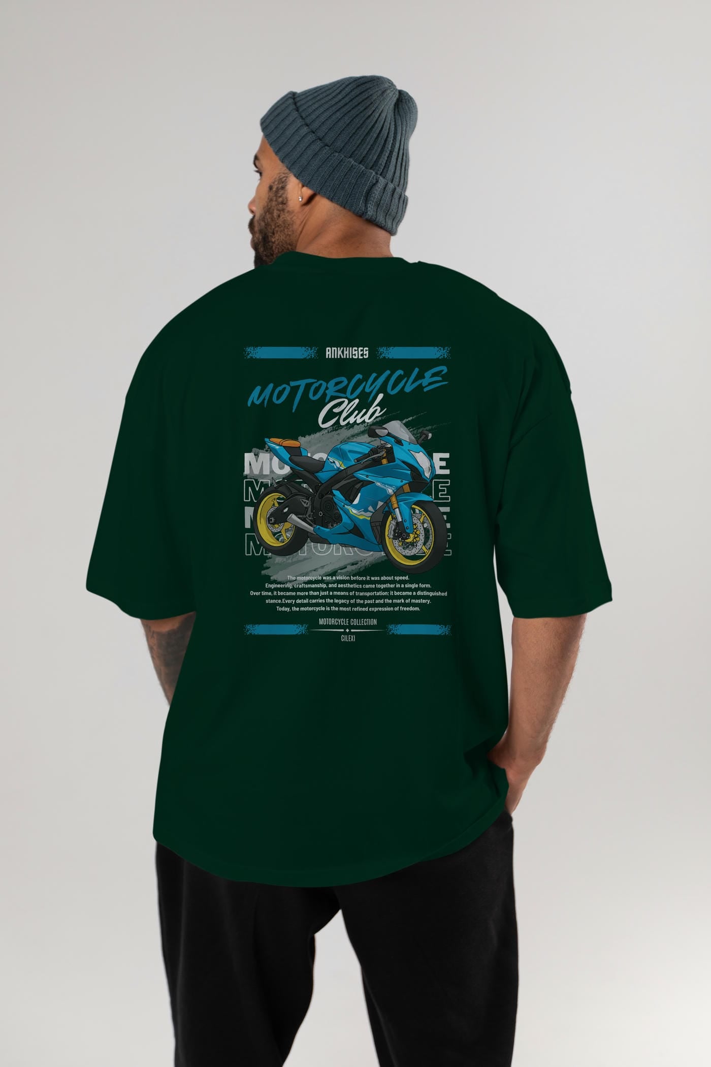 Motosiklet Serisi 11 Arka Baskılı Oversize t-shirt Erkek Kadın %100 Pamuk Bisiklet Yaka tişort