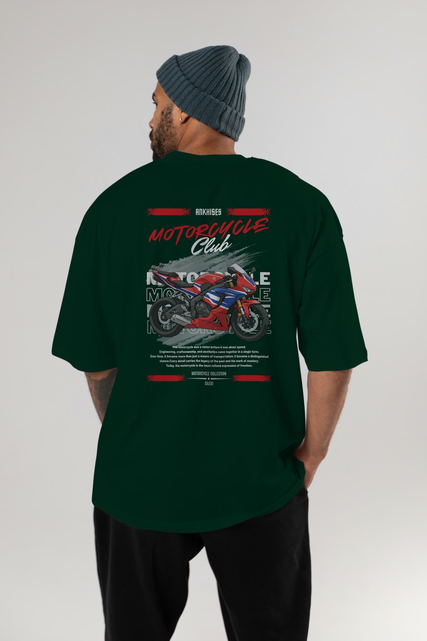 Motosiklet Serisi 25 Arka Baskılı Oversize t-shirt Erkek Kadın %100 Pamuk Bisiklet Yaka tişort