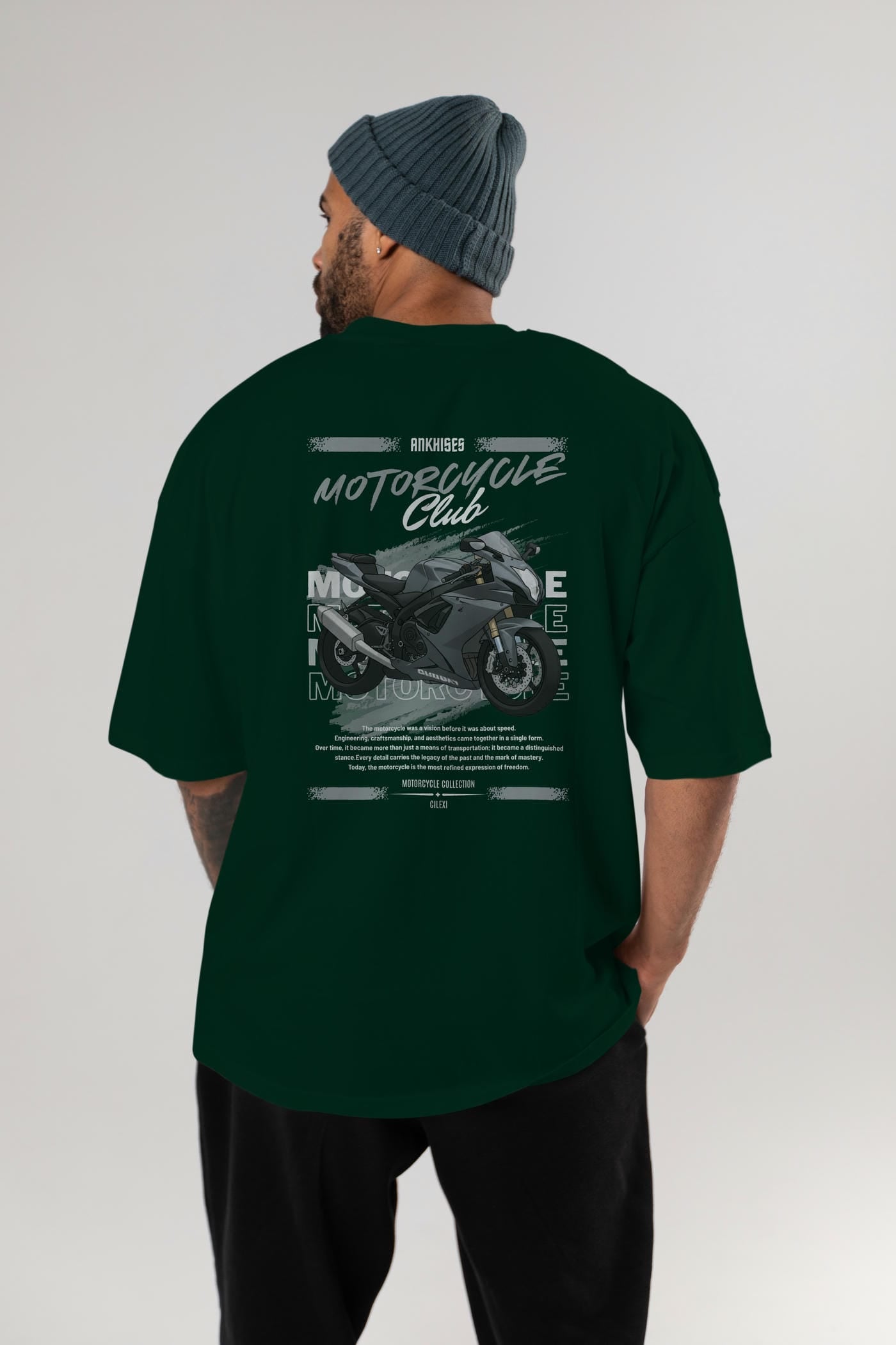 Motosiklet Serisi 10 Arka Baskılı Oversize t-shirt Erkek Kadın %100 Pamuk Bisiklet Yaka tişort