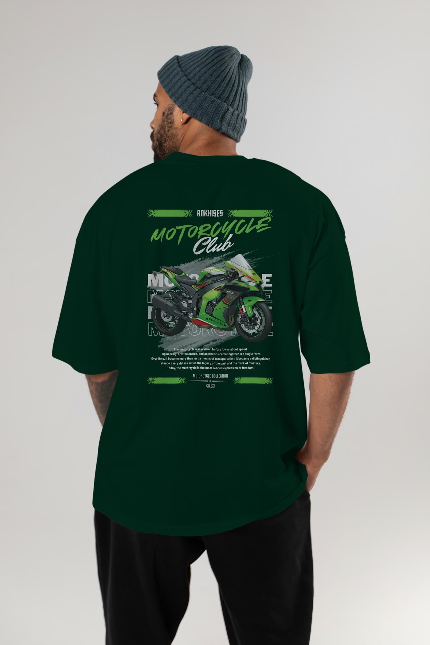 Motosiklet Serisi 14 Arka Baskılı Oversize t-shirt Erkek Kadın %100 Pamuk Bisiklet Yaka tişort