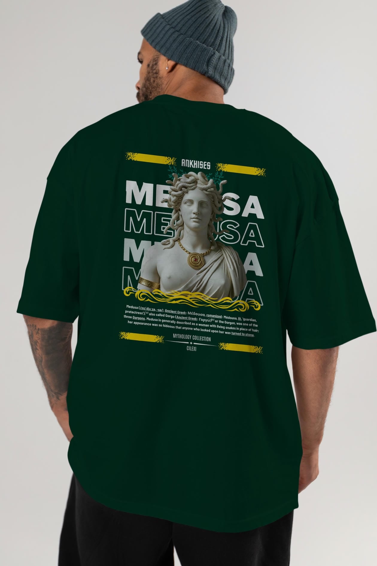 Medusa 3 Arka Baskılı Oversize t-shirt Erkek Kadın %100 Pamuk Bisiklet Yaka tişort