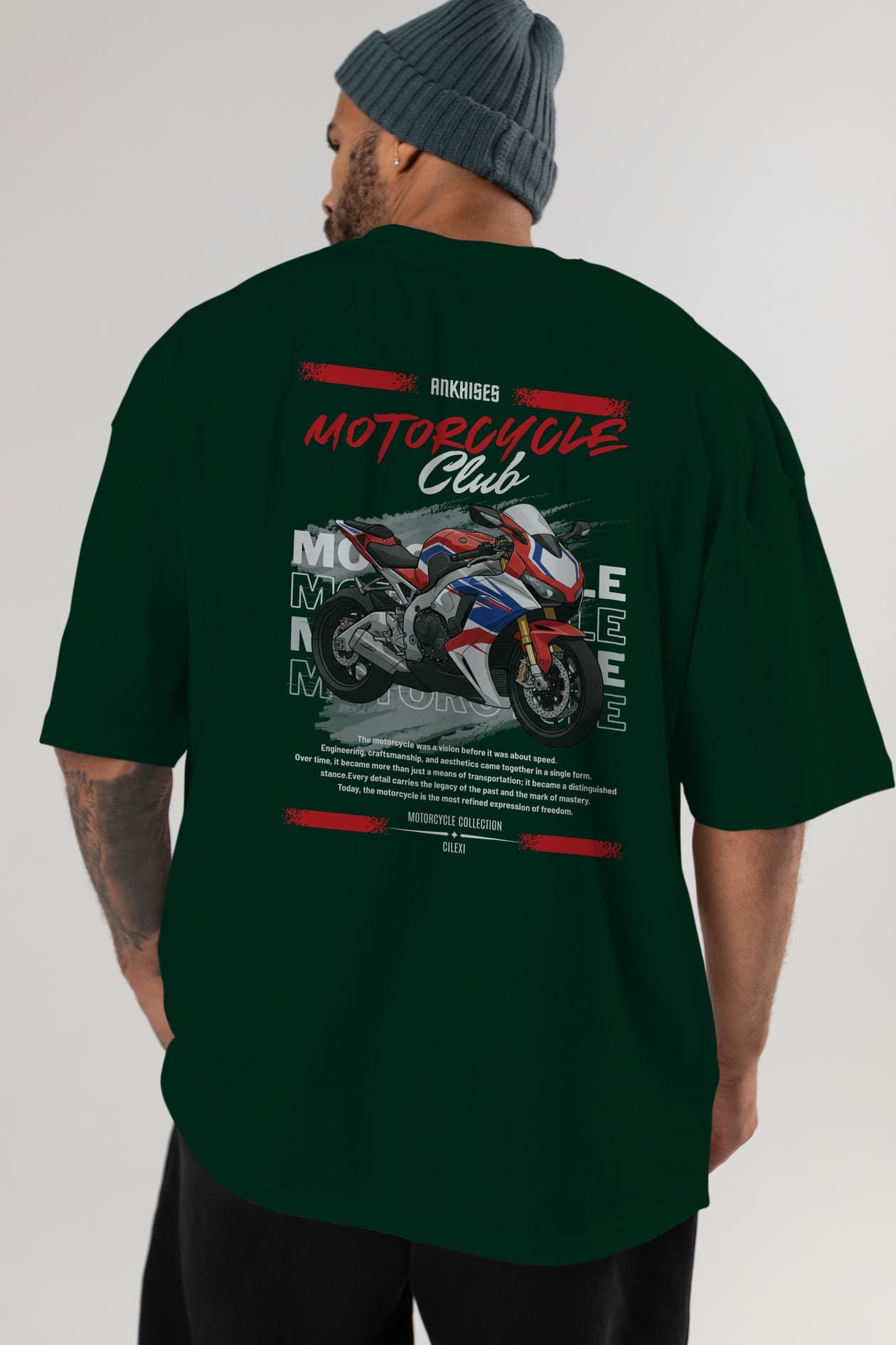 Motosiklet Serisi 4 Arka Baskılı Oversize t-shirt Erkek Kadın %100 Pamuk Bisiklet Yaka tişort