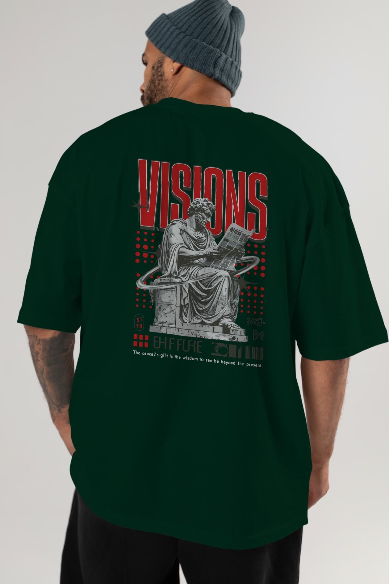 Visions Arka Baskılı Oversize t-shirt Erkek Kadın %100 Pamuk Bisiklet Yaka tişort