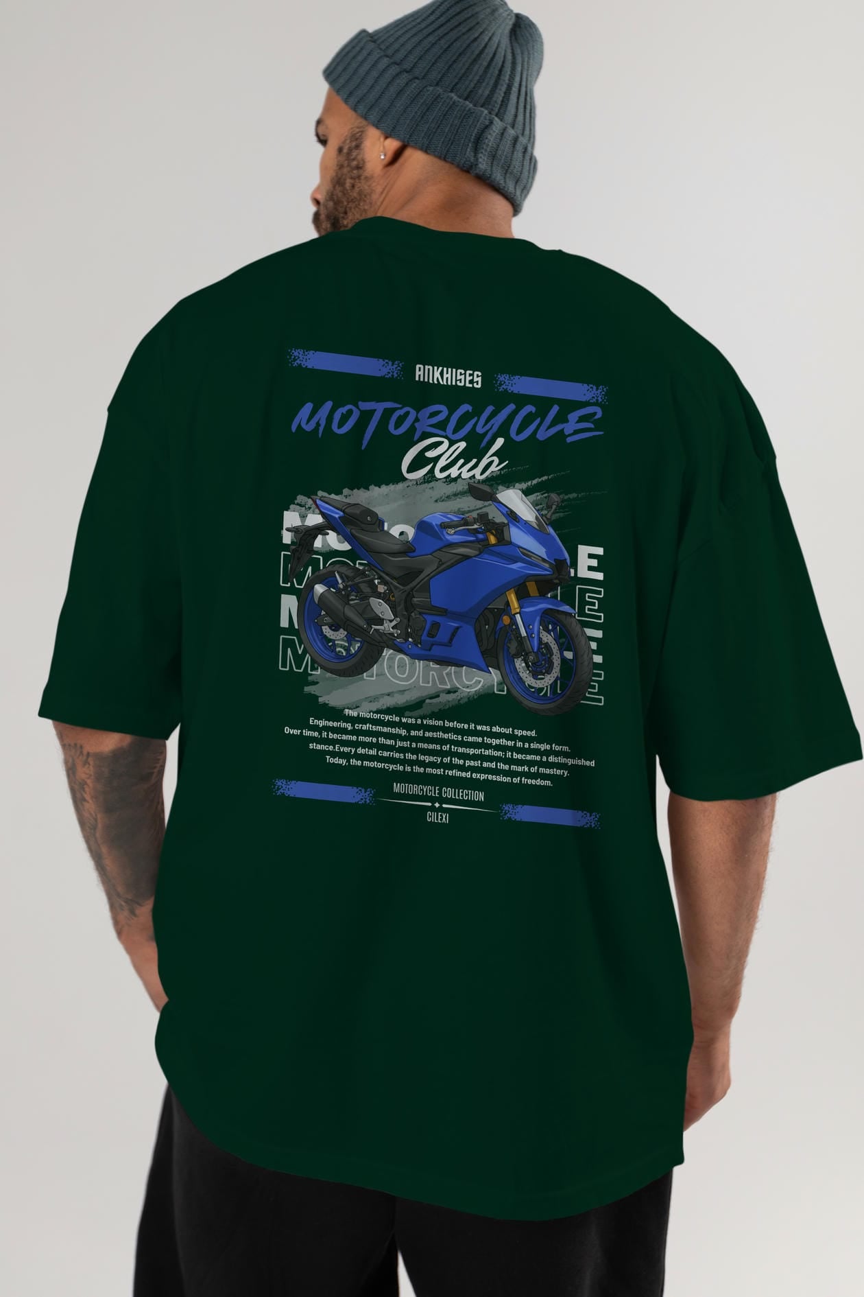 Motosiklet Serisi 33 Arka Baskılı Oversize t-shirt Erkek Kadın %100 Pamuk Bisiklet Yaka tişort