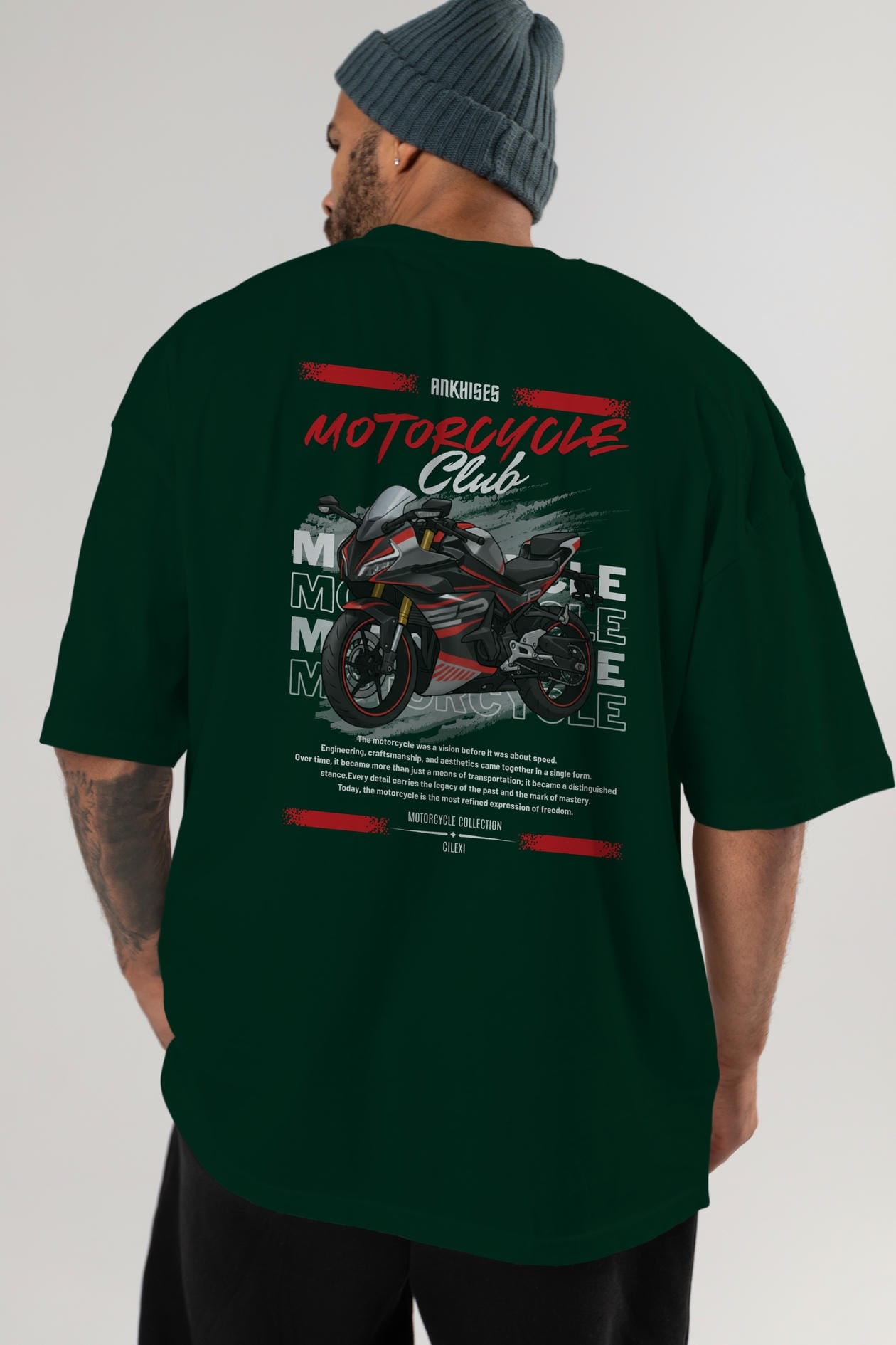 Motosiklet Serisi 17 Arka Baskılı Oversize t-shirt Erkek Kadın %100 Pamuk Bisiklet Yaka tişort