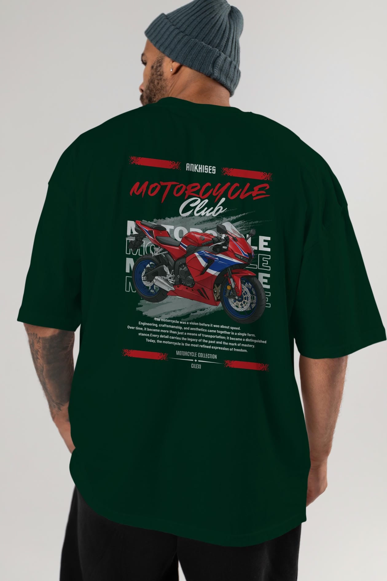 Motosiklet Serisi 24 Arka Baskılı Oversize t-shirt Erkek Kadın %100 Pamuk Bisiklet Yaka tişort
