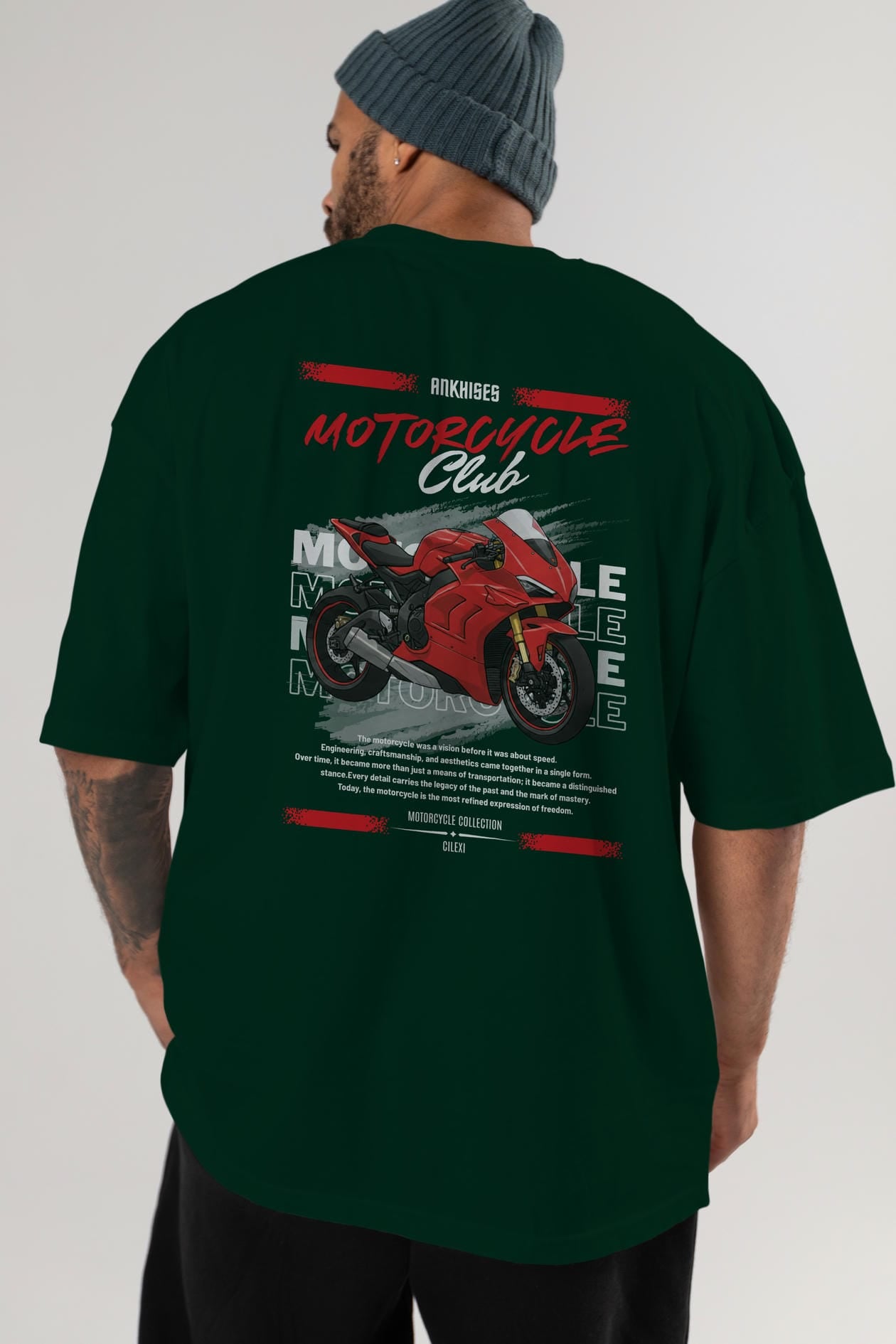 Motosiklet Serisi 7 Arka Baskılı Oversize t-shirt Erkek Kadın %100 Pamuk Bisiklet Yaka tişort