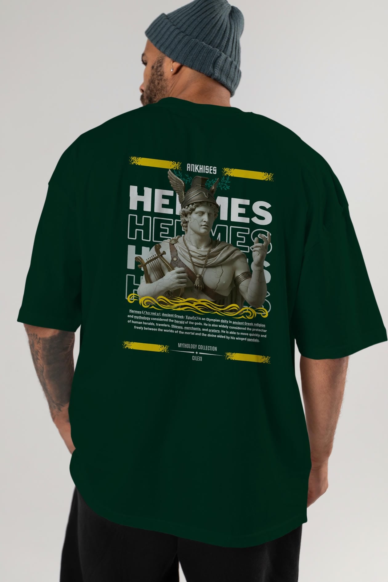 Hermes 2 Arka Baskılı Oversize t-shirt Erkek Kadın %100 Pamuk Bisiklet Yaka tişort
