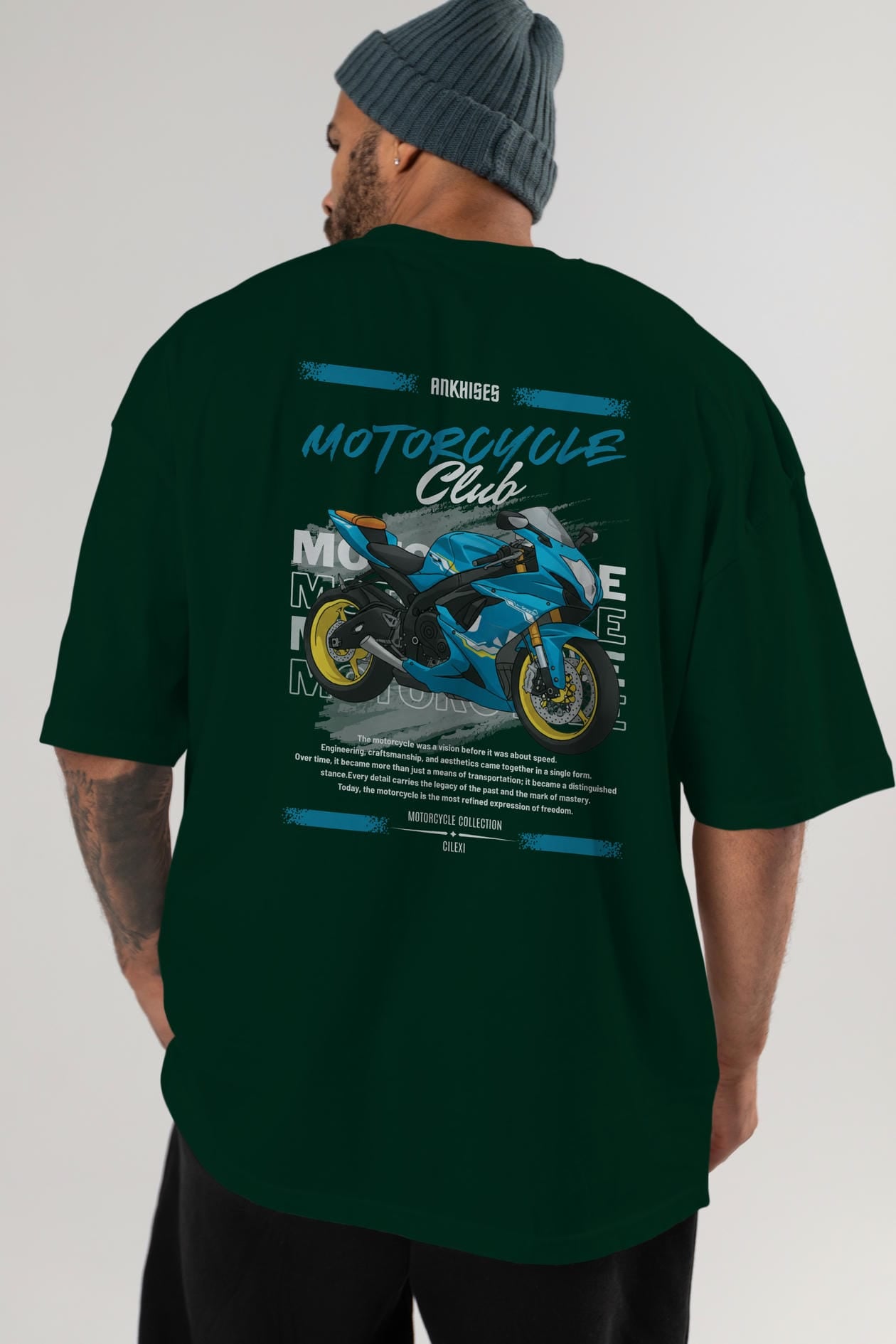 Motosiklet Serisi 11 Arka Baskılı Oversize t-shirt Erkek Kadın %100 Pamuk Bisiklet Yaka tişort