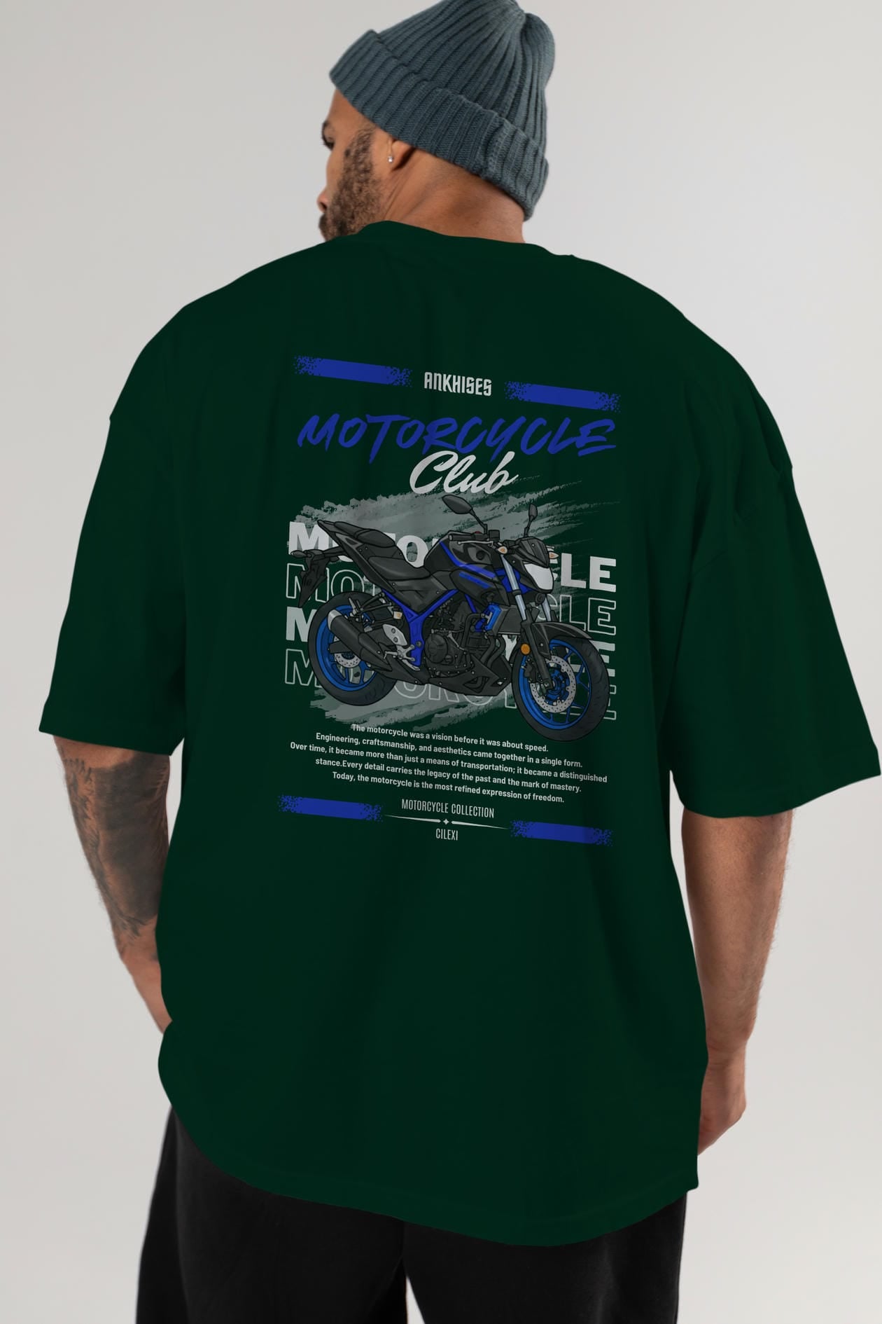 Motosiklet Serisi 22 Arka Baskılı Oversize t-shirt Erkek Kadın %100 Pamuk Bisiklet Yaka tişort