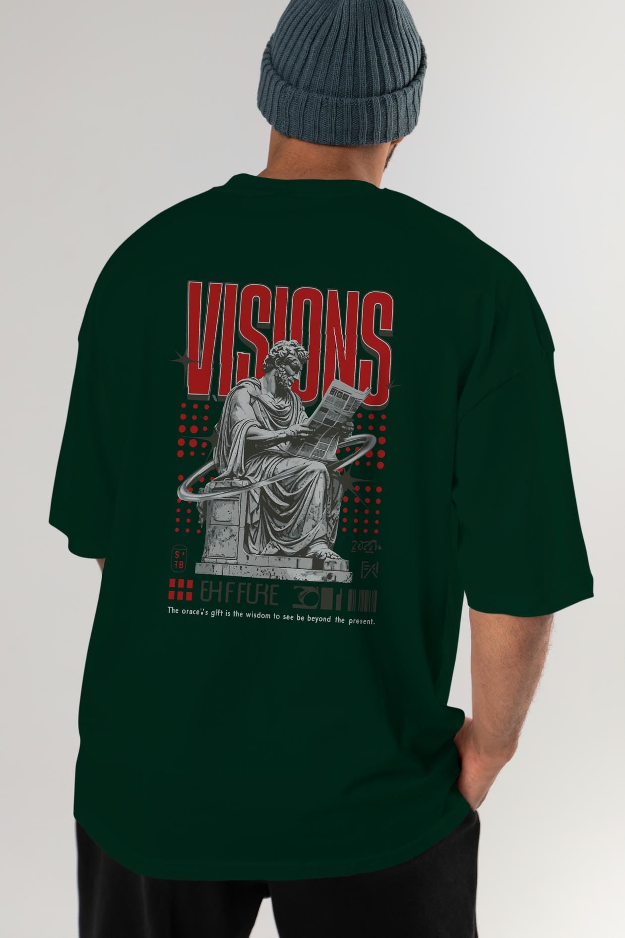 Visions Arka Baskılı Oversize t-shirt Erkek Kadın %100 Pamuk Bisiklet Yaka tişort