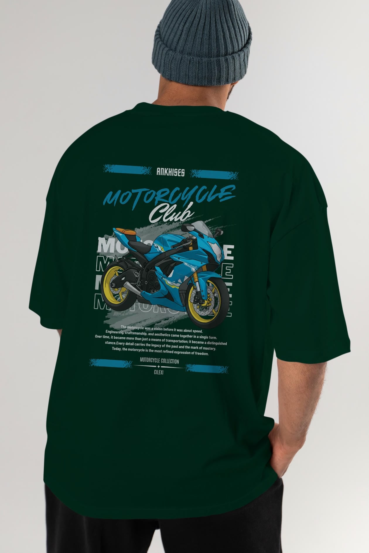 Motosiklet Serisi 11 Arka Baskılı Oversize t-shirt Erkek Kadın %100 Pamuk Bisiklet Yaka tişort