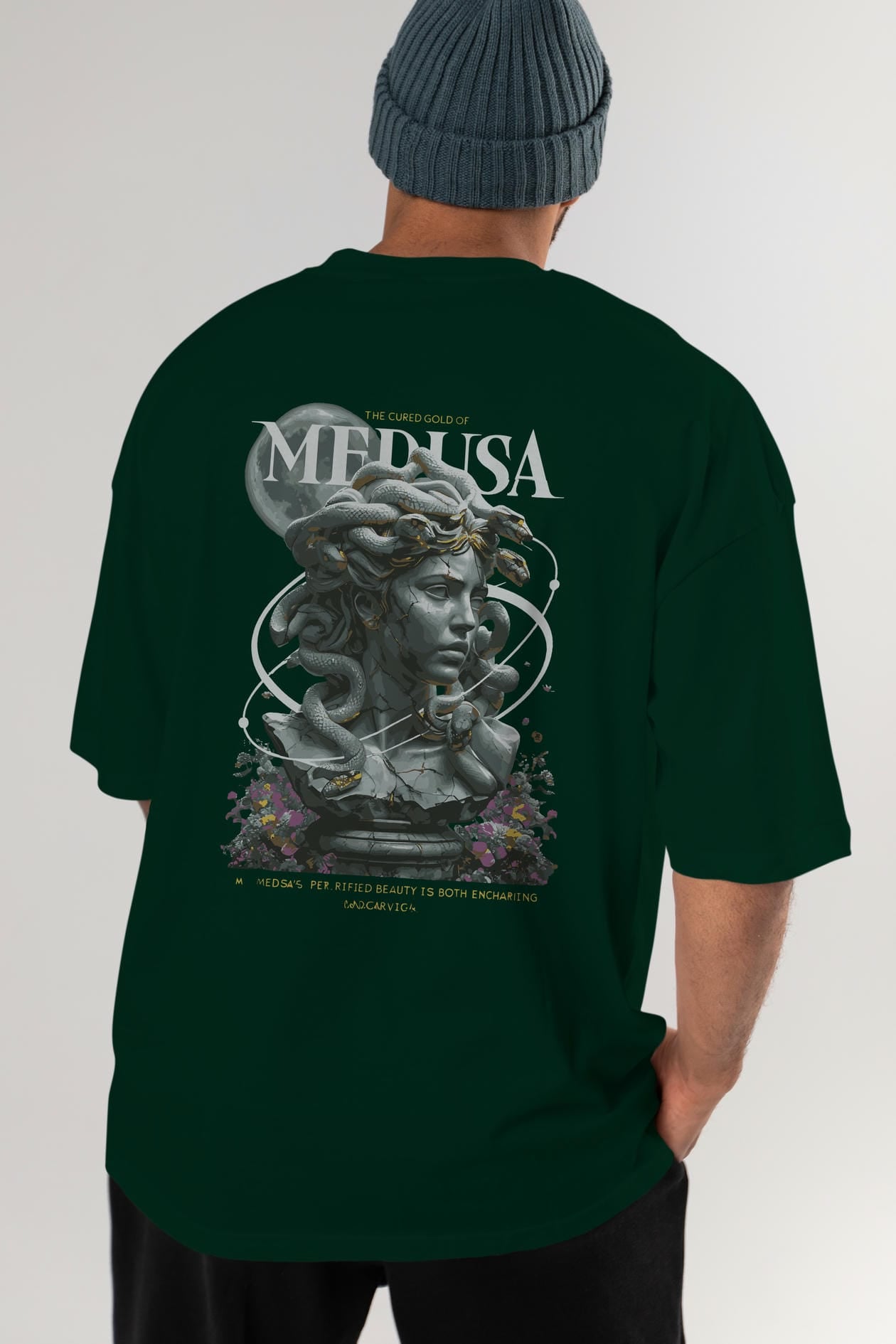 Medusa Arka Baskılı Oversize t-shirt Erkek Kadın %100 Pamuk Bisiklet Yaka tişort