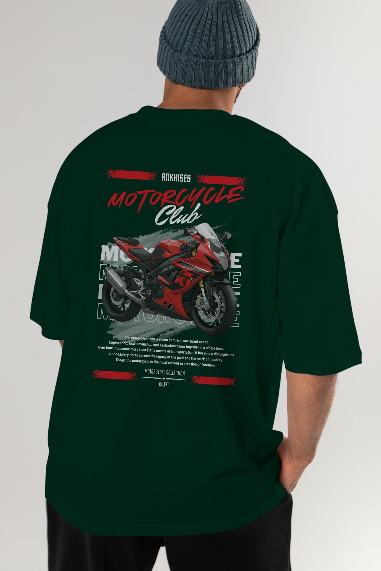 Motosiklet Serisi 5 Arka Baskılı Oversize t-shirt Erkek Kadın %100 Pamuk Bisiklet Yaka tişort