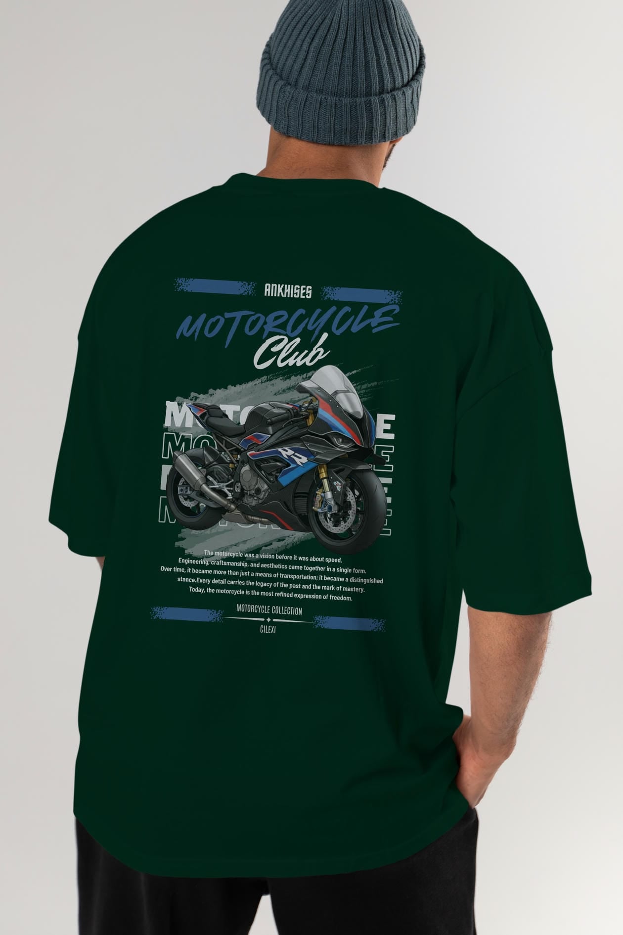 Motosiklet Serisi 1 Arka Baskılı Oversize t-shirt Erkek Kadın %100 Pamuk Bisiklet Yaka tişort