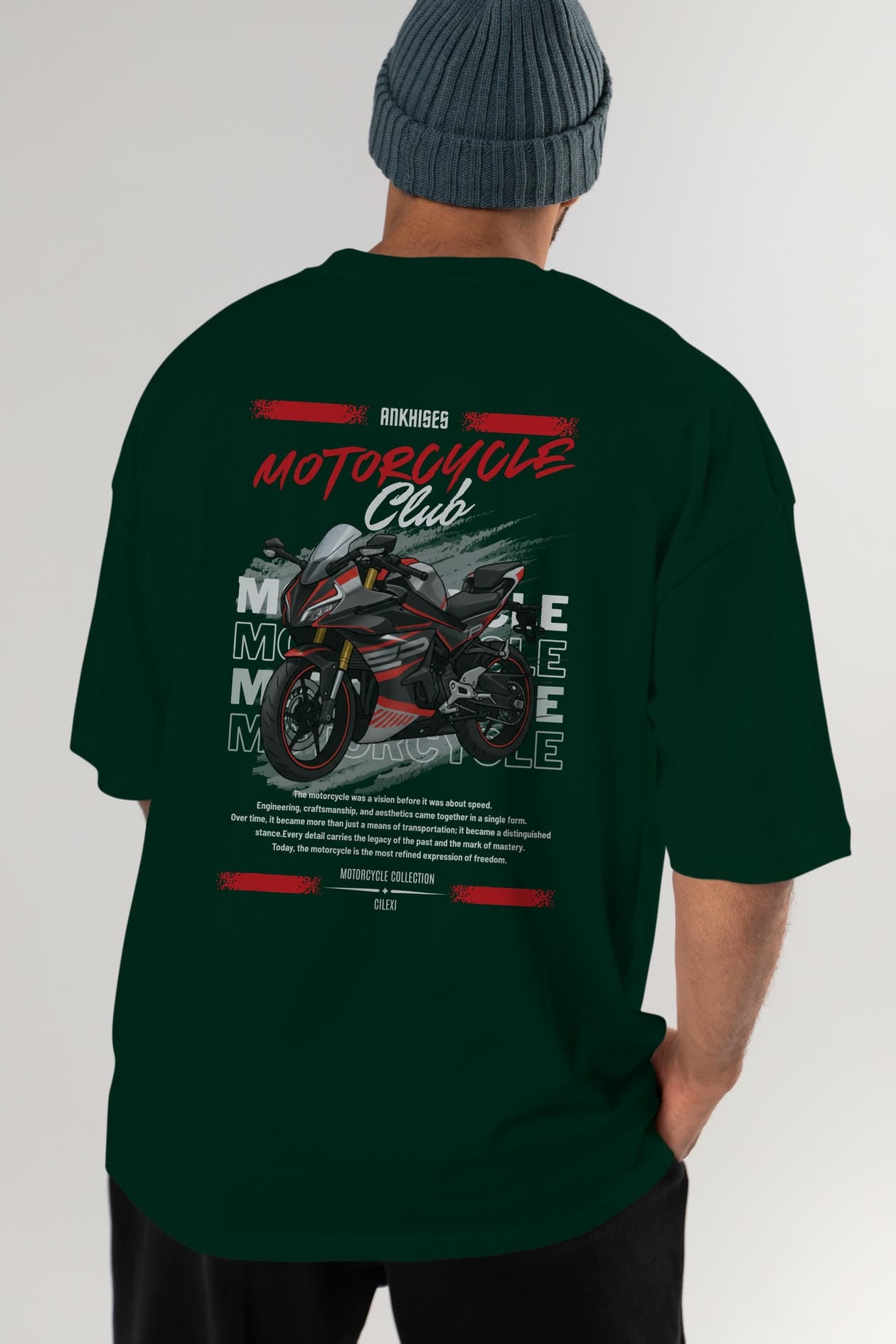 Motosiklet Serisi 17 Arka Baskılı Oversize t-shirt Erkek Kadın %100 Pamuk Bisiklet Yaka tişort