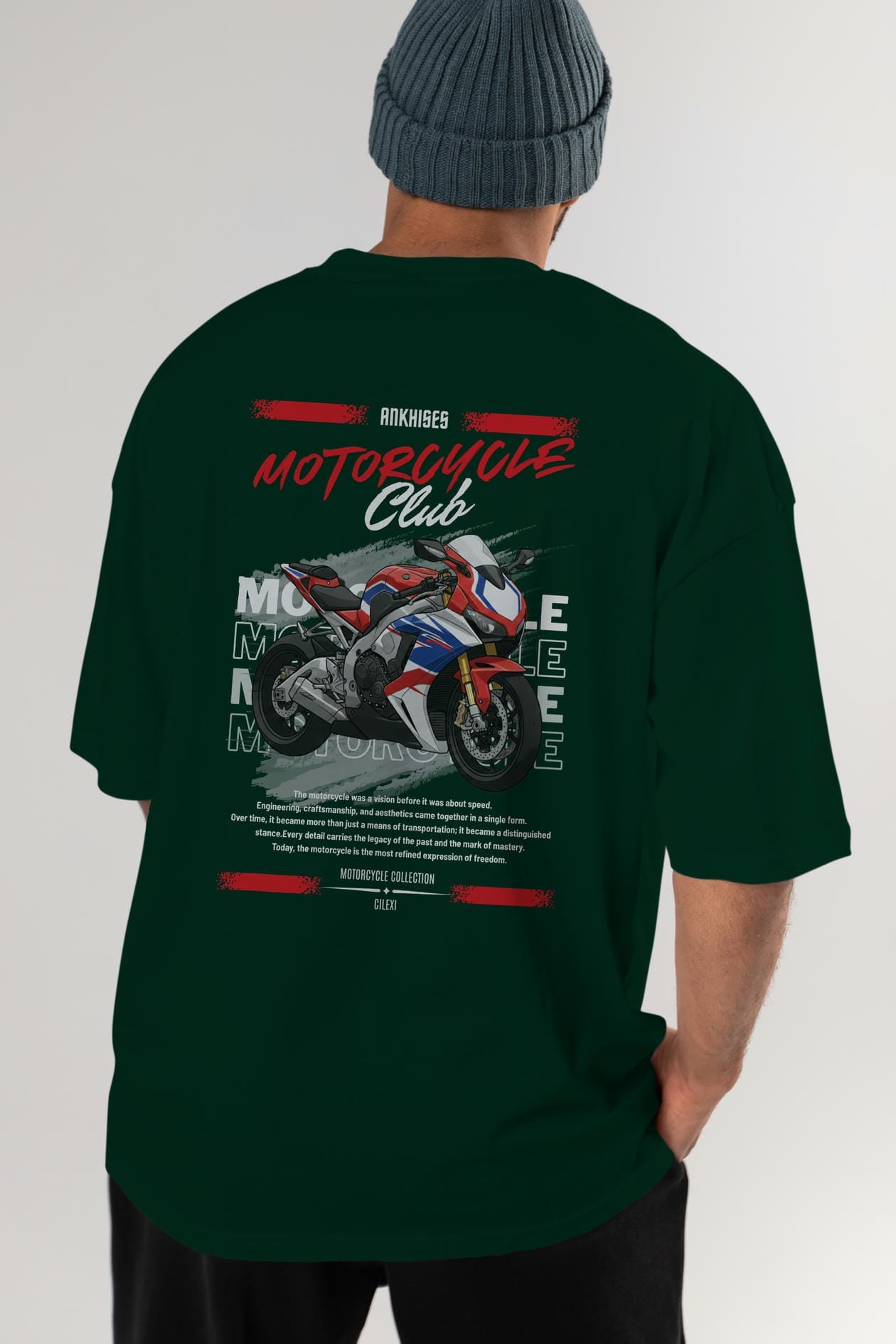 Motosiklet Serisi 4 Arka Baskılı Oversize t-shirt Erkek Kadın %100 Pamuk Bisiklet Yaka tişort