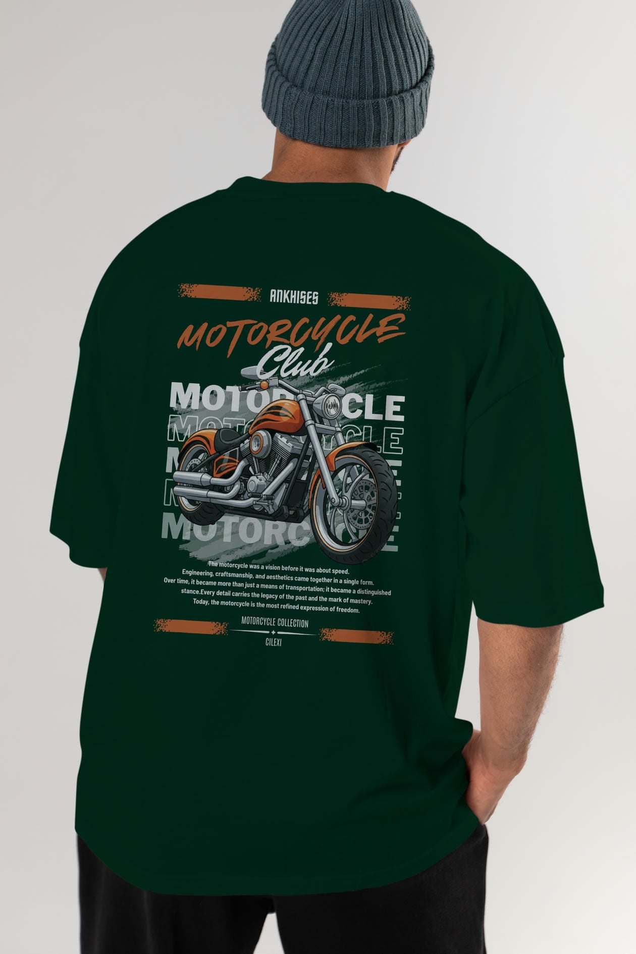 Motosiklet Serisi 34 Arka Baskılı Oversize t-shirt Erkek Kadın %100 Pamuk Bisiklet Yaka tişort