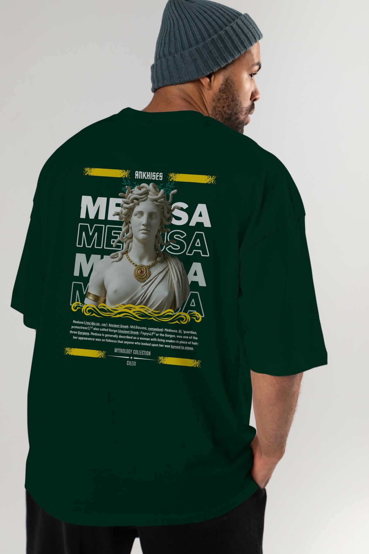 Medusa 3 Arka Baskılı Oversize t-shirt Erkek Kadın %100 Pamuk Bisiklet Yaka tişort