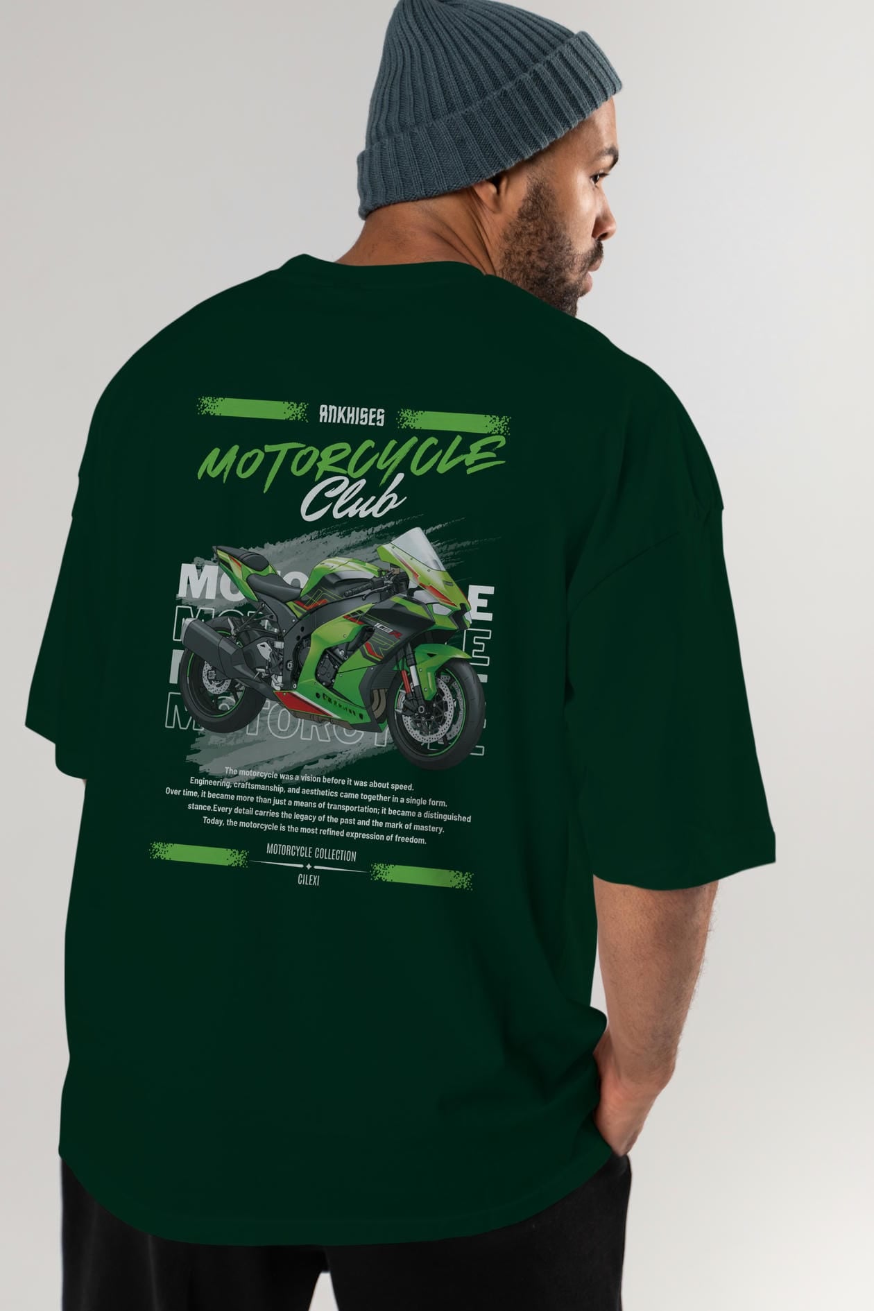 Motosiklet Serisi 14 Arka Baskılı Oversize t-shirt Erkek Kadın %100 Pamuk Bisiklet Yaka tişort