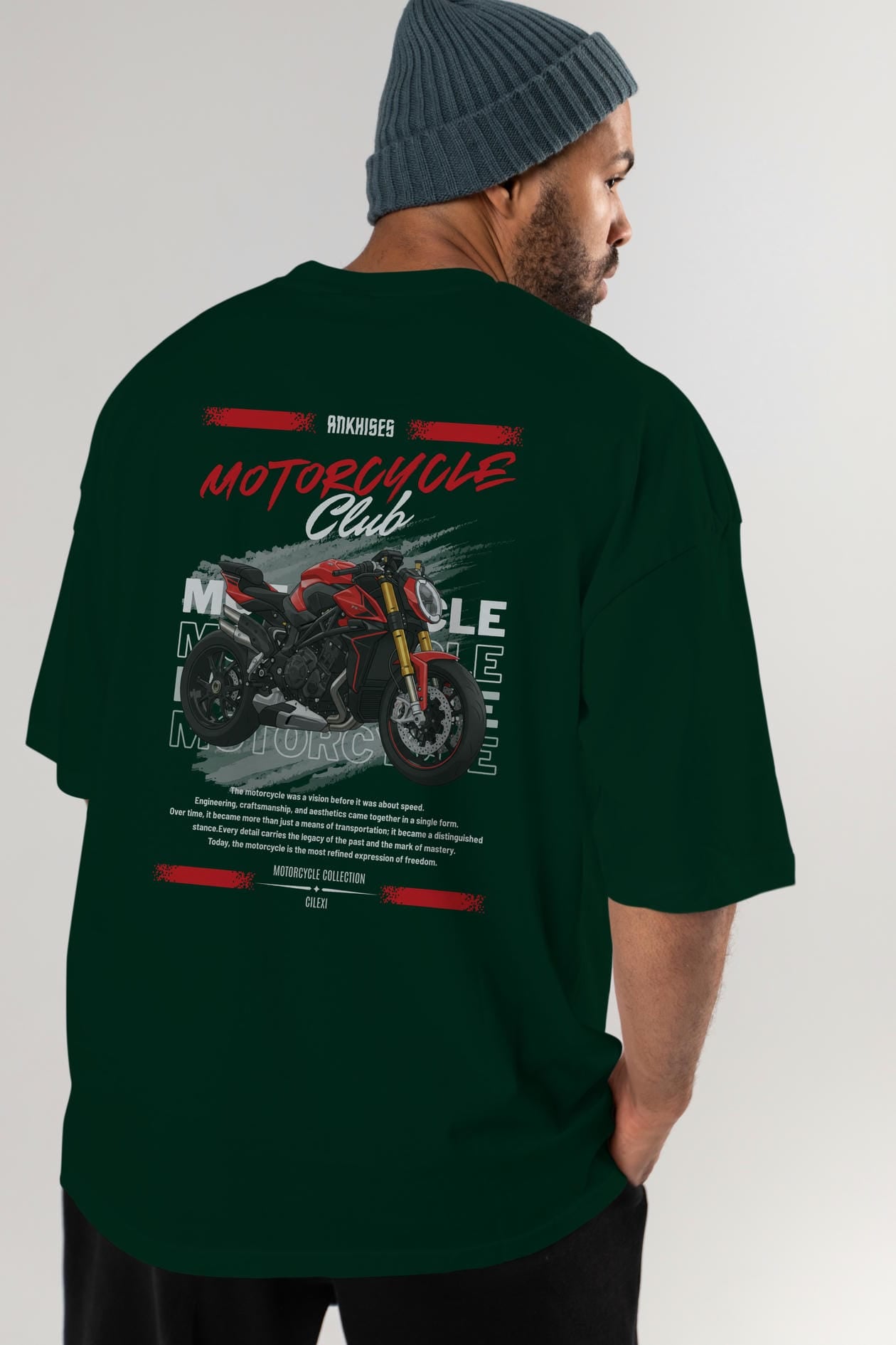 Motosiklet Serisi 26 Arka Baskılı Oversize t-shirt Erkek Kadın %100 Pamuk Bisiklet Yaka tişort