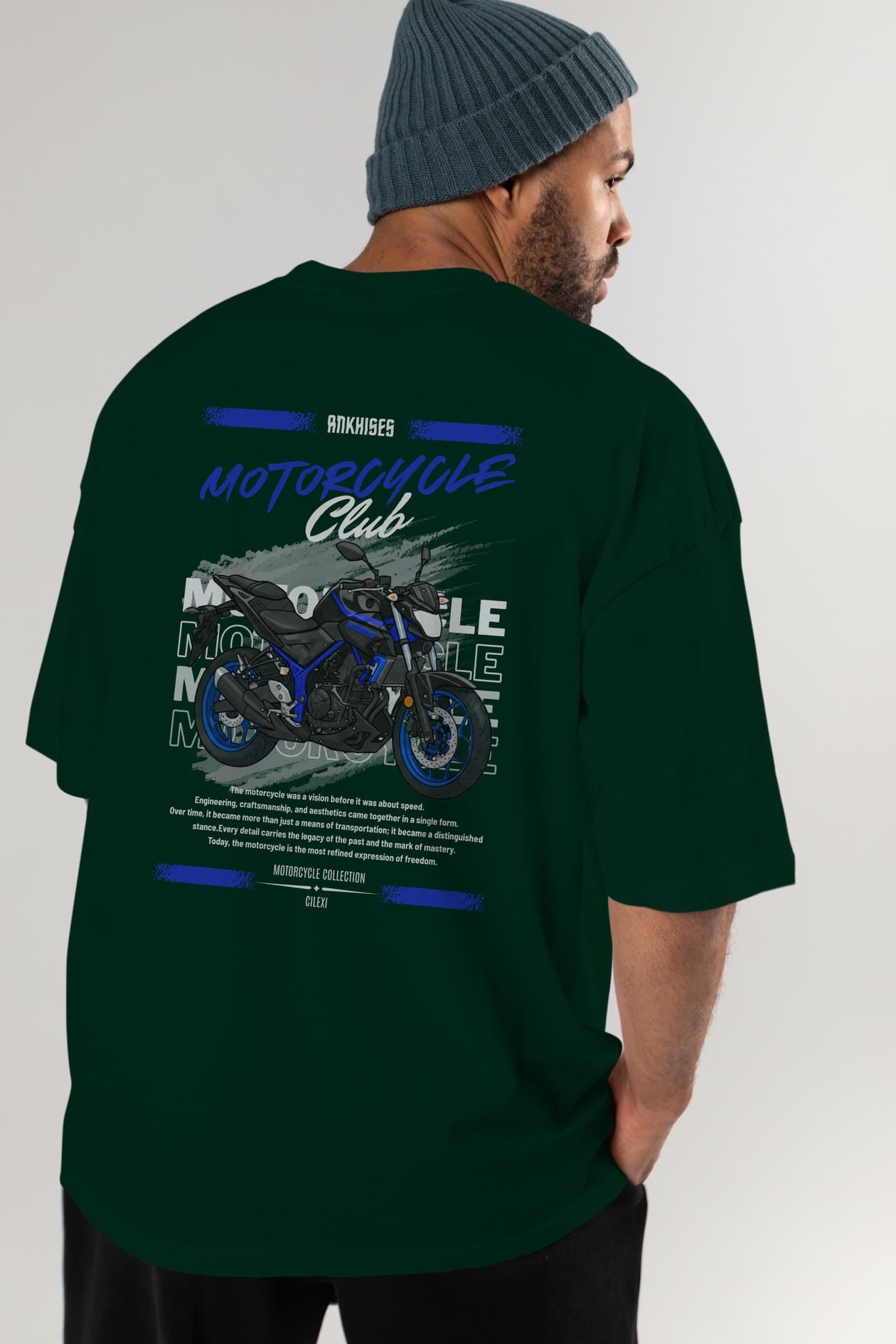 Motosiklet Serisi 22 Arka Baskılı Oversize t-shirt Erkek Kadın %100 Pamuk Bisiklet Yaka tişort