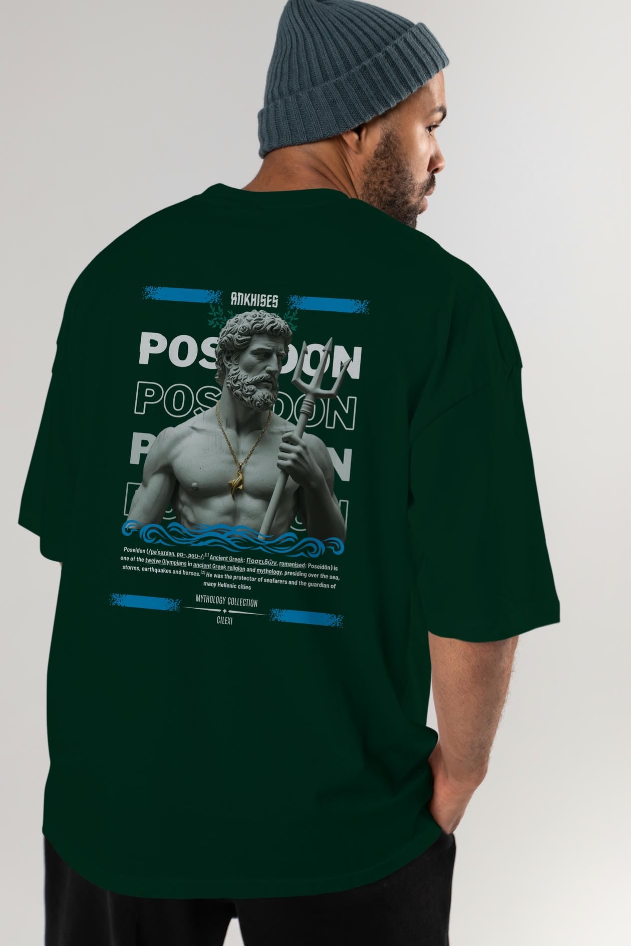 Poseidon 3 Arka Baskılı Oversize t-shirt Erkek Kadın %100 Pamuk Bisiklet Yaka tişort