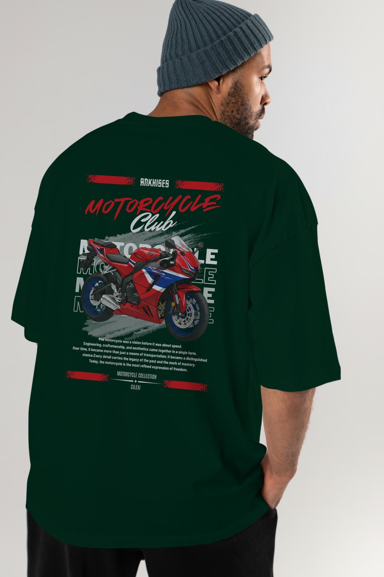 Motosiklet Serisi 24 Arka Baskılı Oversize t-shirt Erkek Kadın %100 Pamuk Bisiklet Yaka tişort
